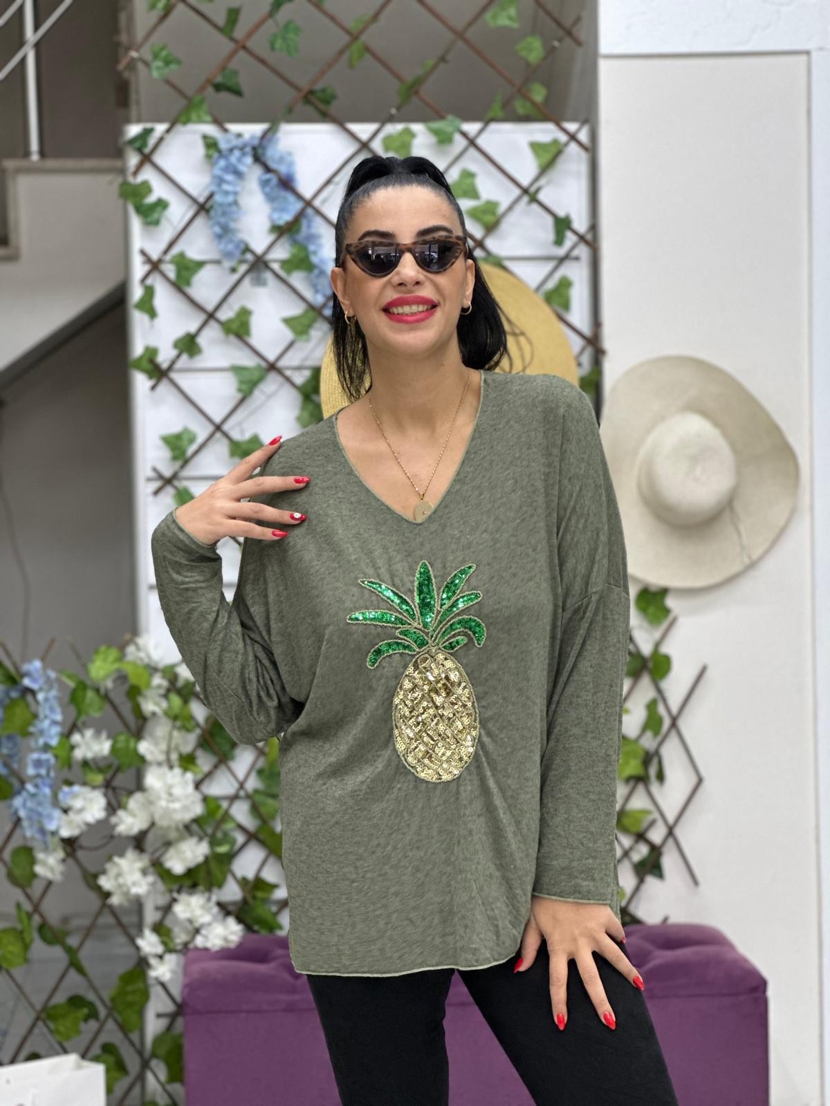 YG41656 İtalyan Ananas Desen Bluz Haki