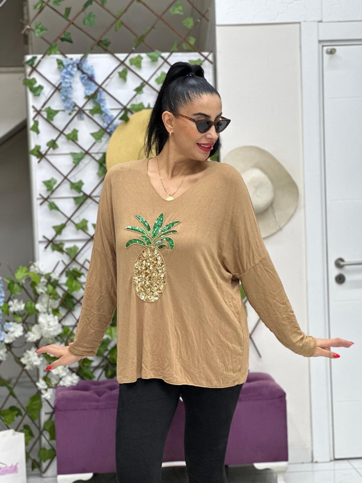 YG41652 İtalyan Ananas Desen Bluz Camel