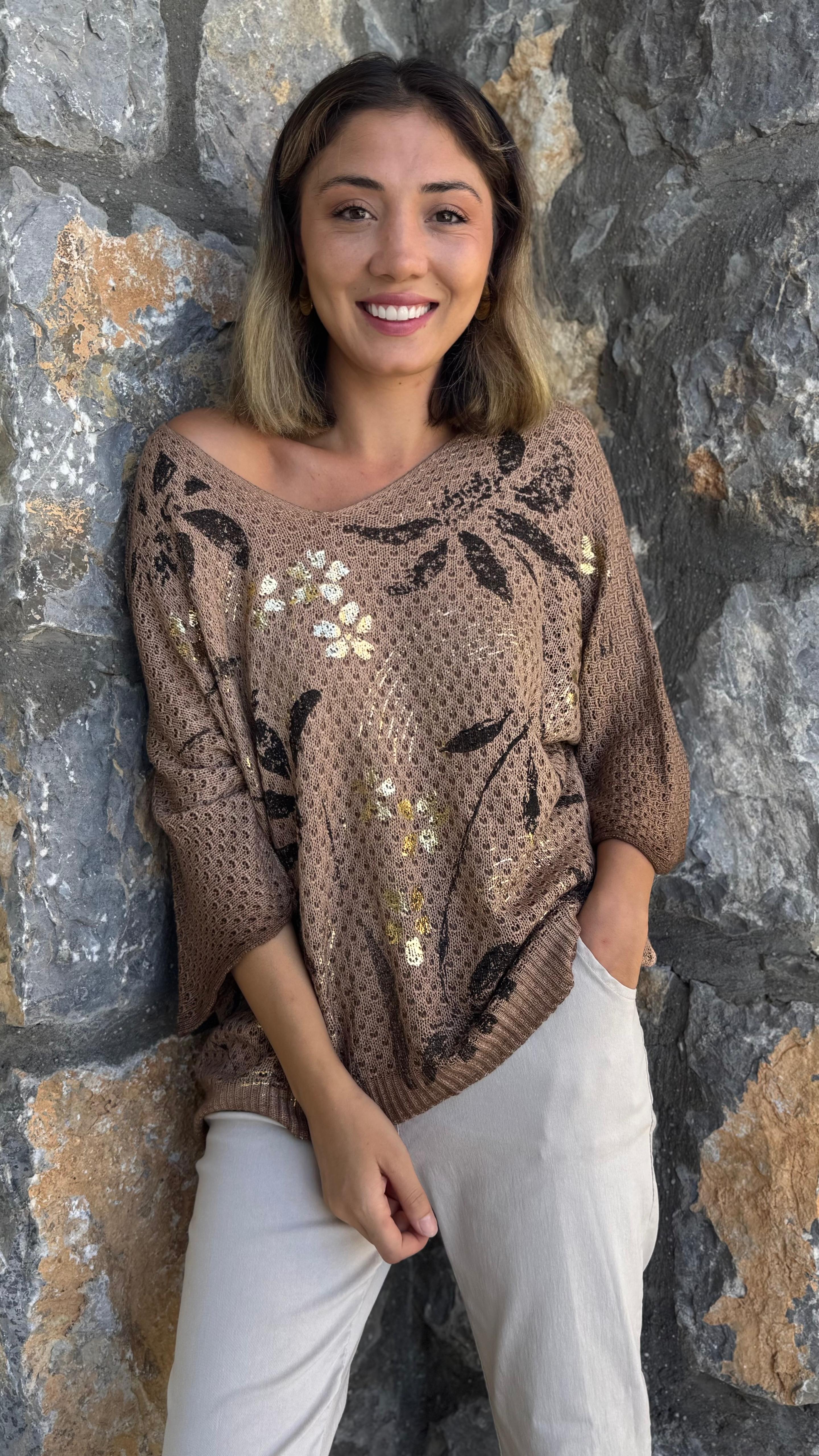 FXLS7514 İtalyan Yaprak Desen Triko Bluz Camel