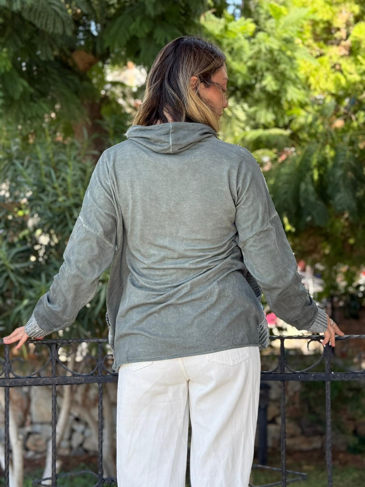 NC53050D İtalyan Yazı Baskılı Cepli Kapüşonlu Coton Sweatshirt Haki
