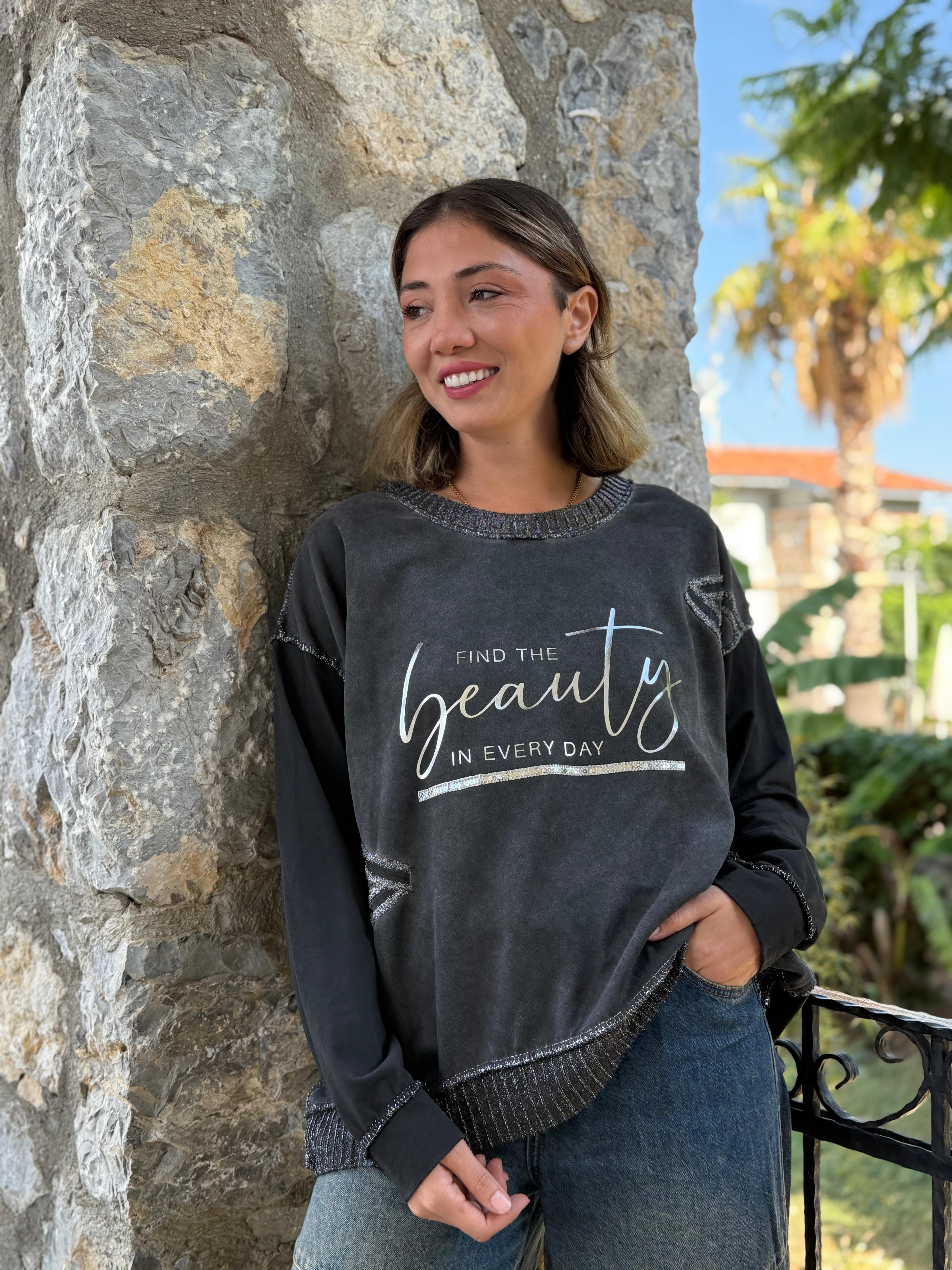 NC50793 İtalyan Beauty Yazılı Coton Sweatshirt Füme