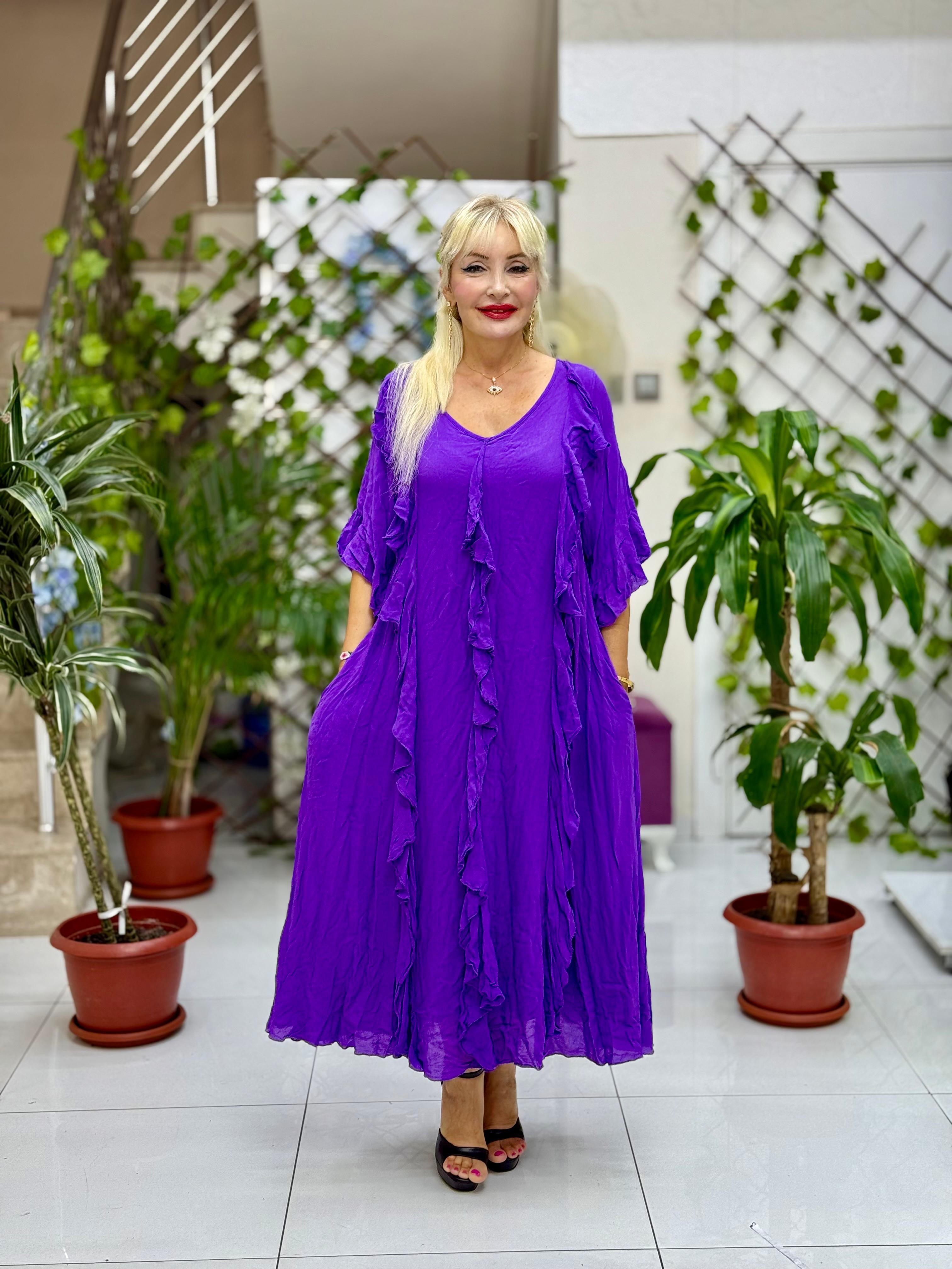 VL3041 Fırfırlı Vual Elbise Mor