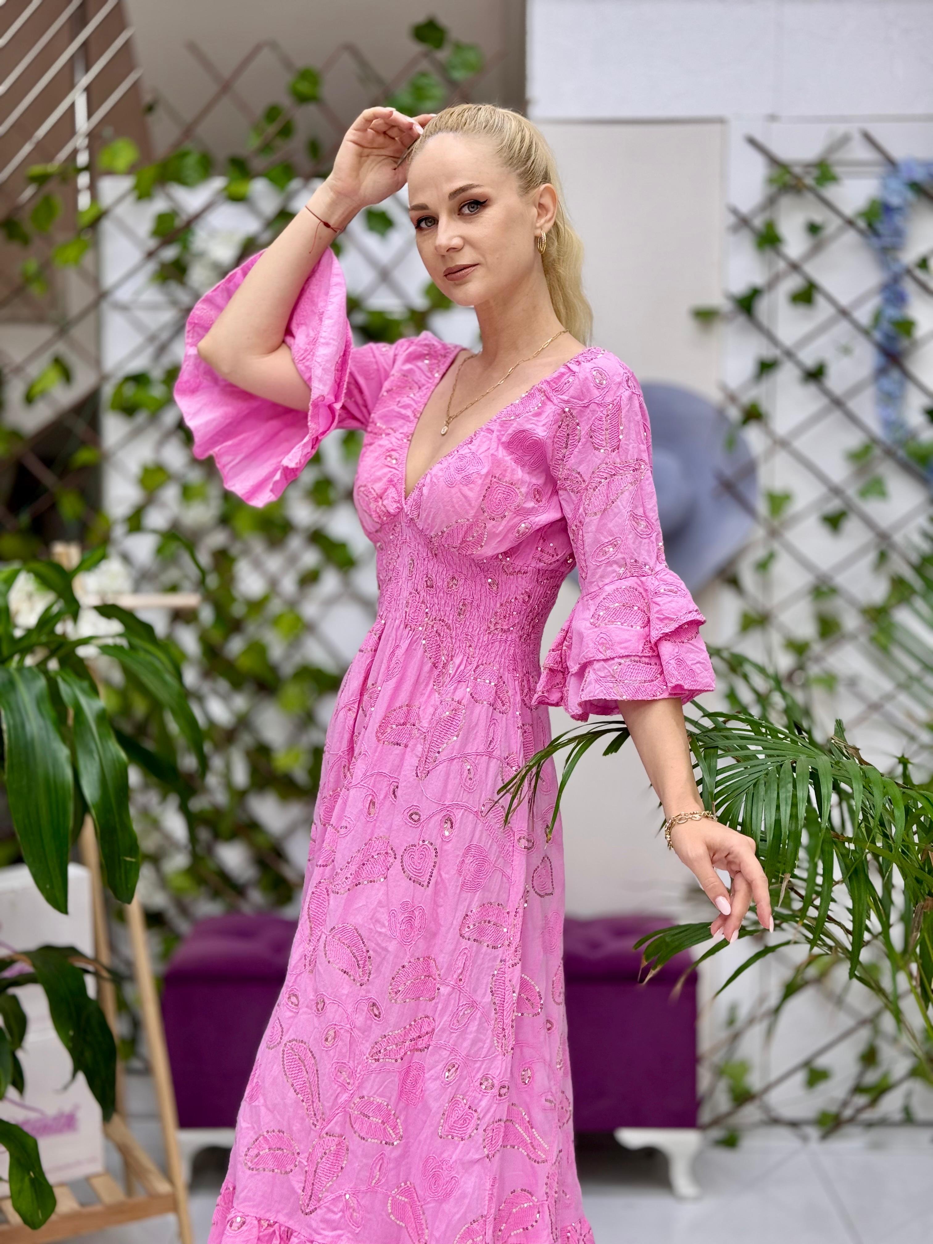 NC10995 İtalyan Pul Payetli Beli Lastikli Coton Elbise Pembe