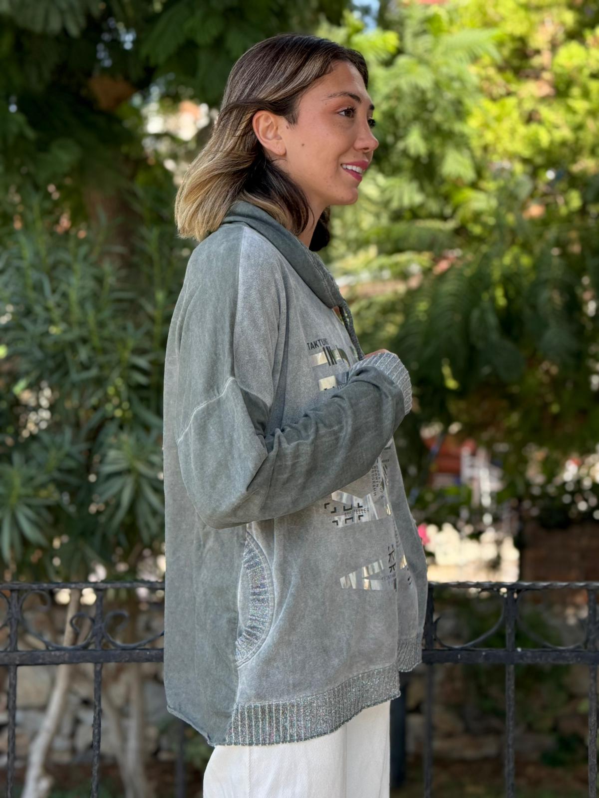 NC53050D İtalyan Yazı Baskılı Cepli Kapüşonlu Coton Sweatshirt Haki