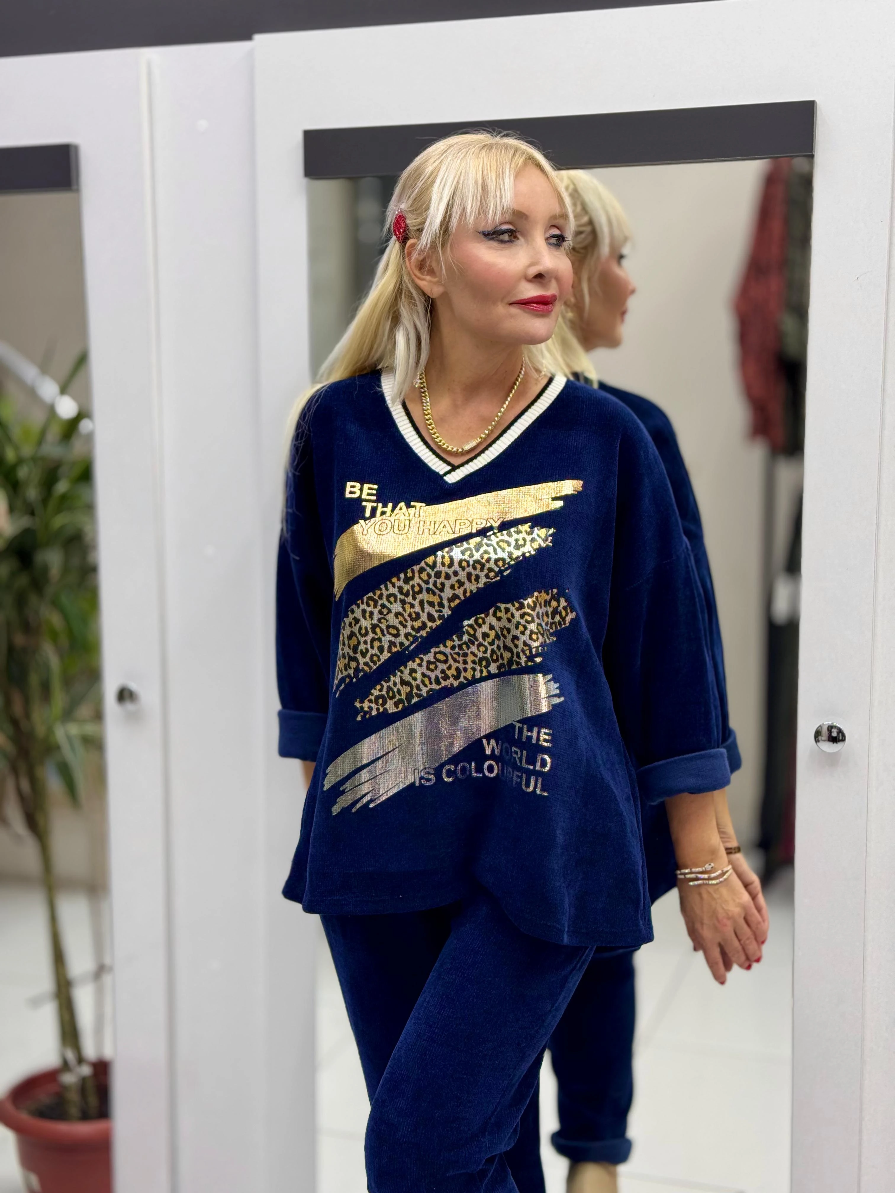 NC24155 Leopar Baskılı İtalyan Kadife Takım Lacivert