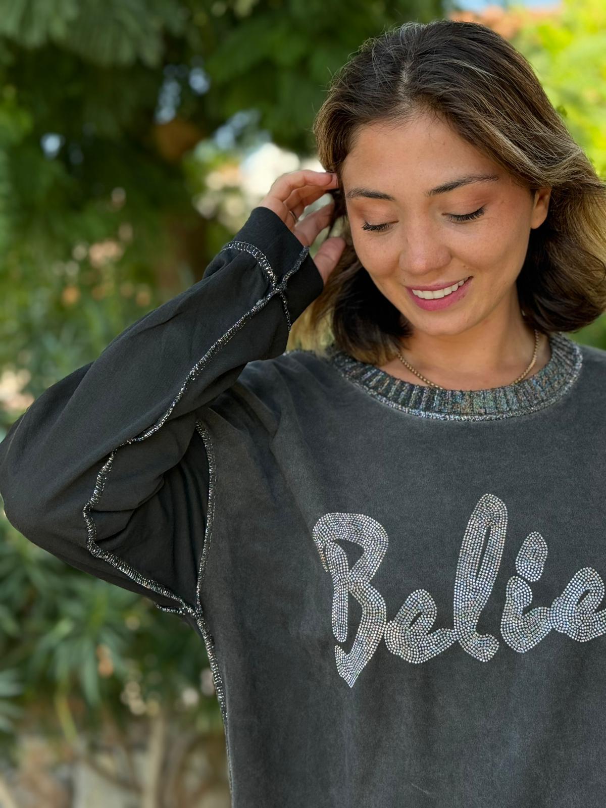 NC58939 İtalyan Believe Taşlı Sweatshirt Siyah