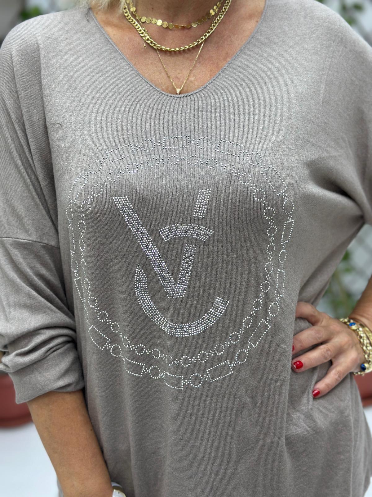 LS82681 İtalyan Taş Baskılı Triko Bluz Vizon