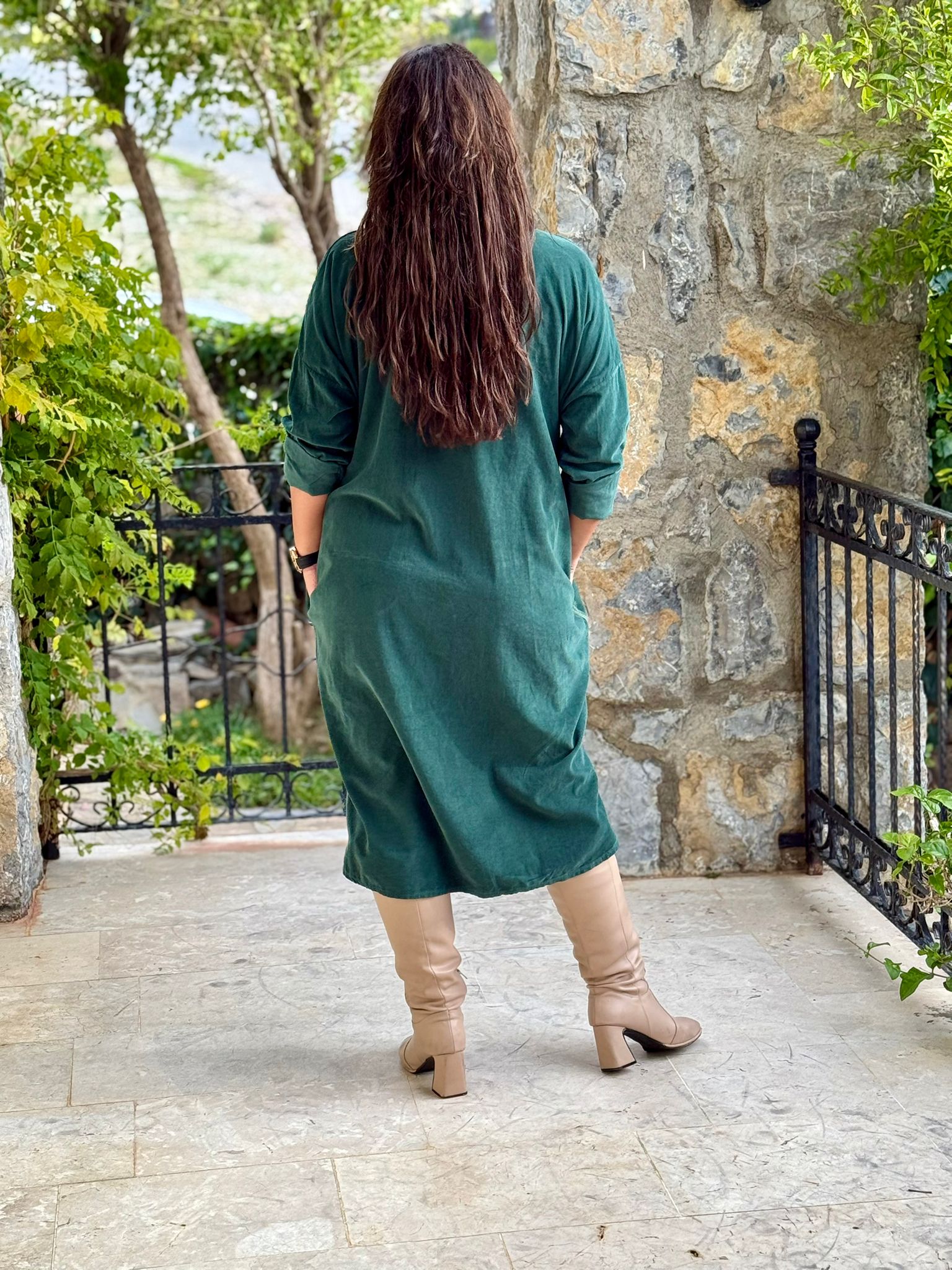 YG11410 Çiçek Baskılı Erkek Yaka  İtalyan Kadife Gömlek Elbise Acı Yeşil