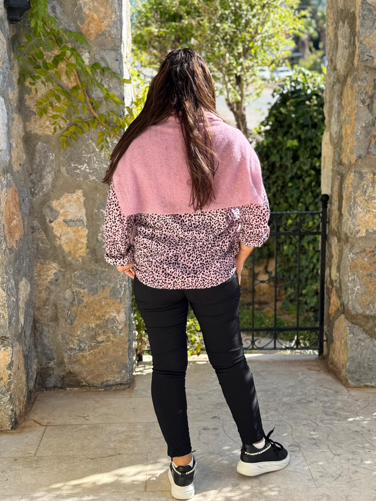 NC516020 İtalyan Leopar Desen Fularlı Erkek Yaka Kazak Lila