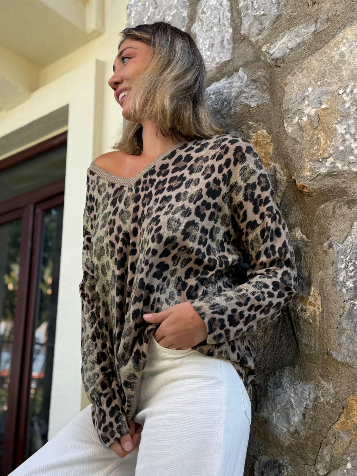 P24503 İtalyan Simli Leopar Bluz Vizon