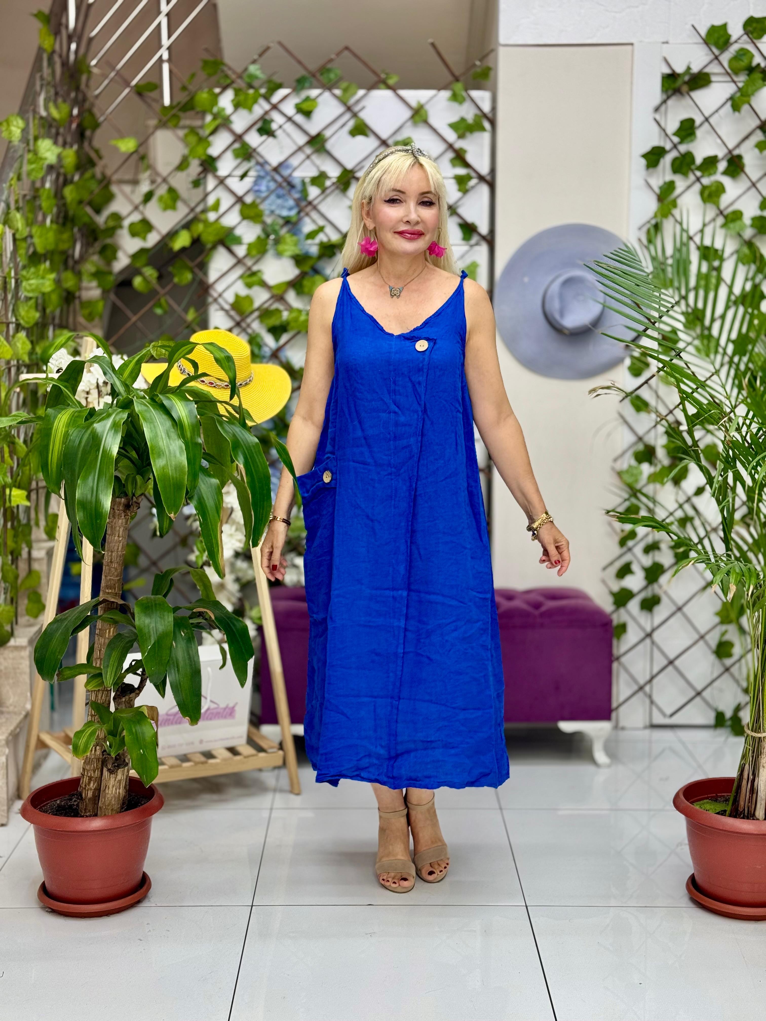 YG205040 İtalyan Keten Elbise Saks