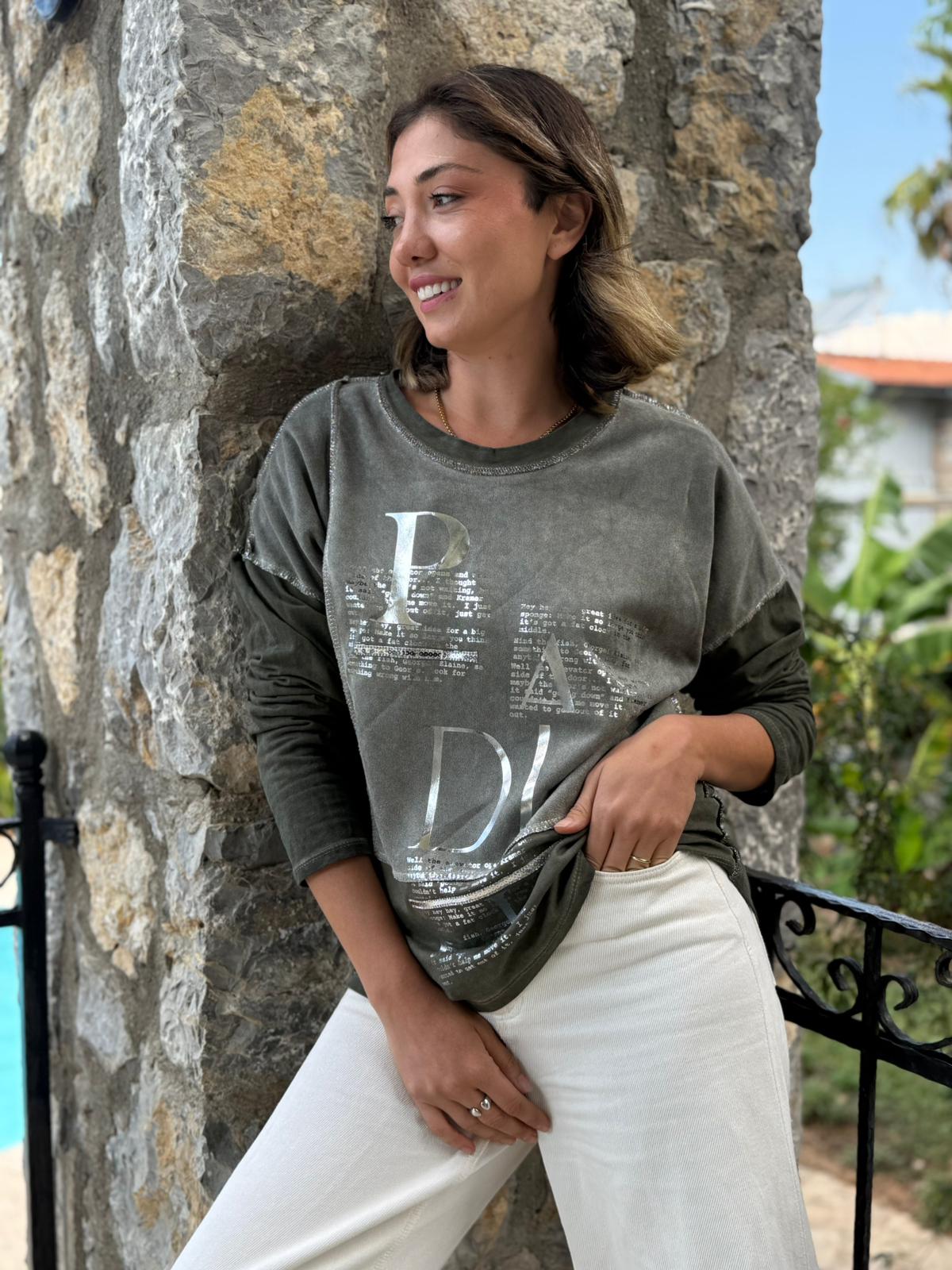NC8533 İtalyan PADİ Yazılı Coton Sweatshirt Haki