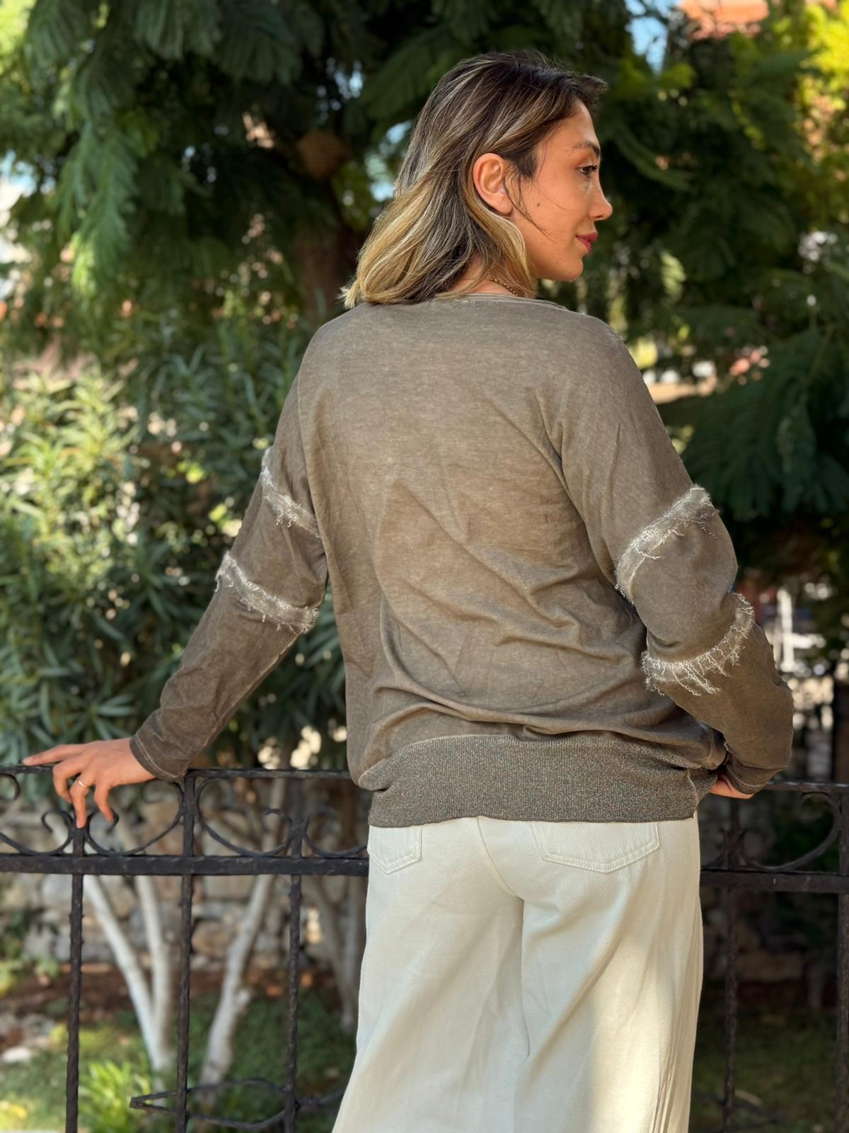 NC53659C İtalyan MIN Taşlı Coton Sweatshirt Vizon