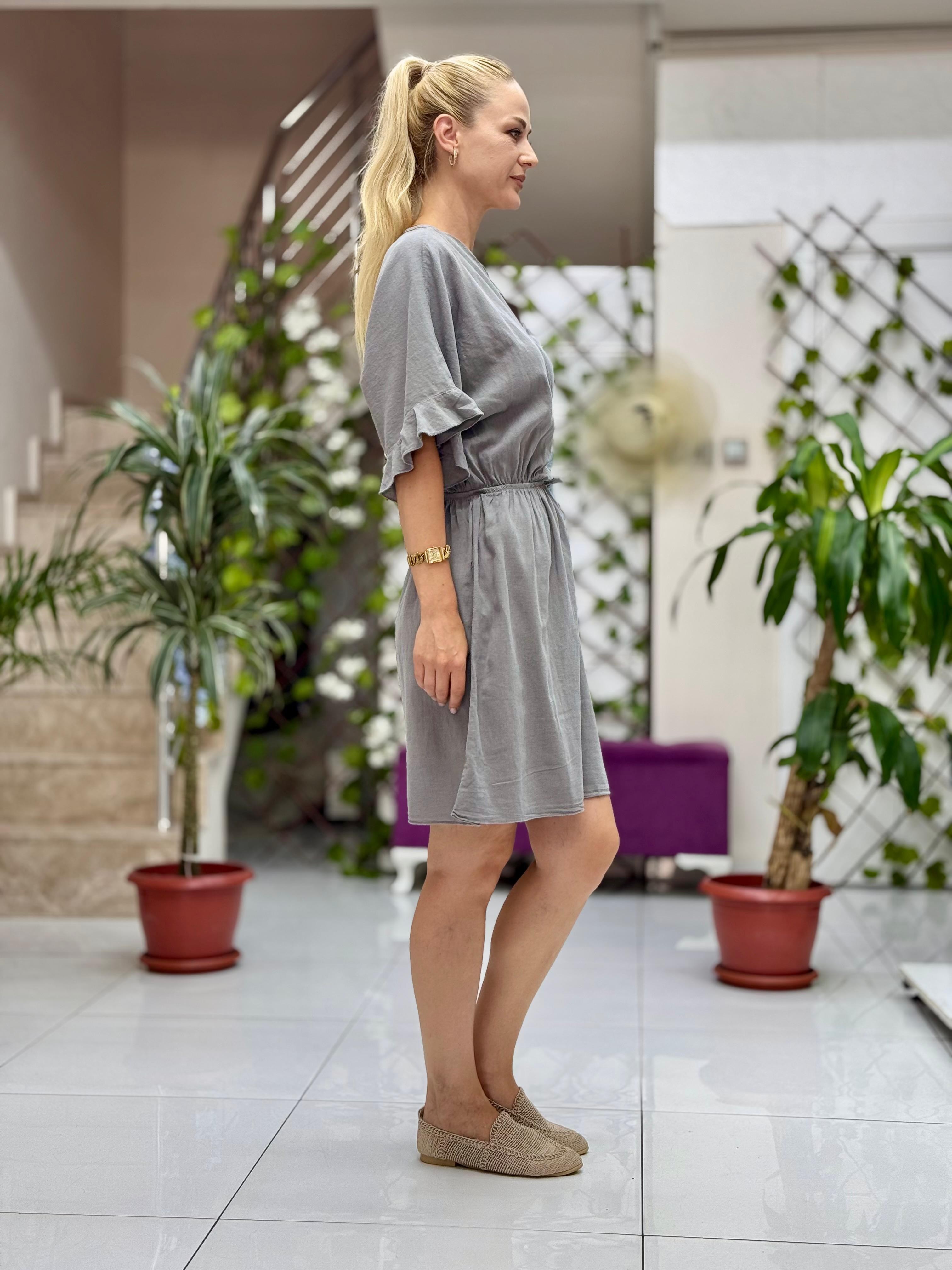 PT25070 Coton Mini Belden Bağlamalı Anvelop Elbise Gri