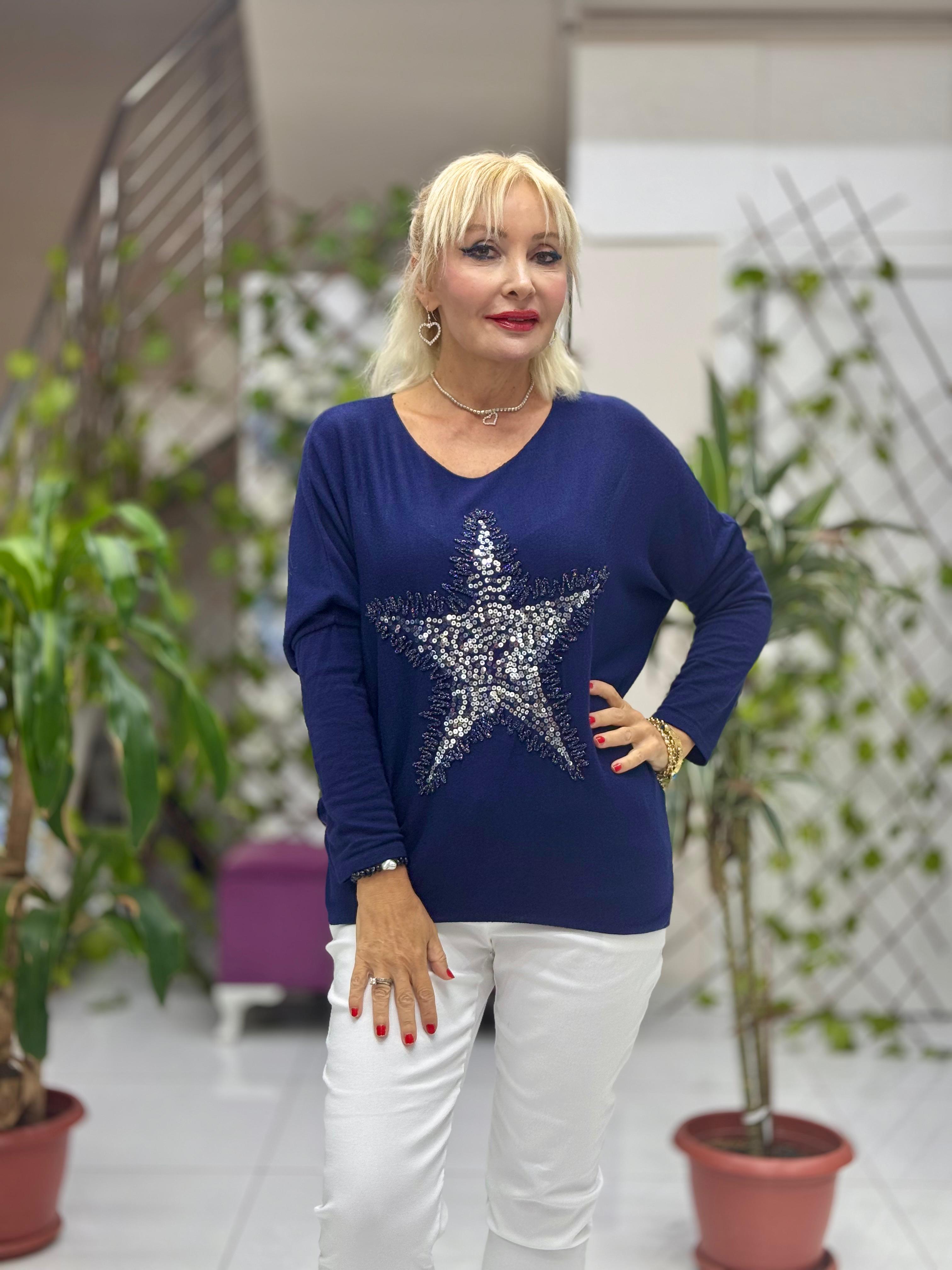 NC1778 İtalyan Yıldız desen Pulpayetli Bluz Lacivert