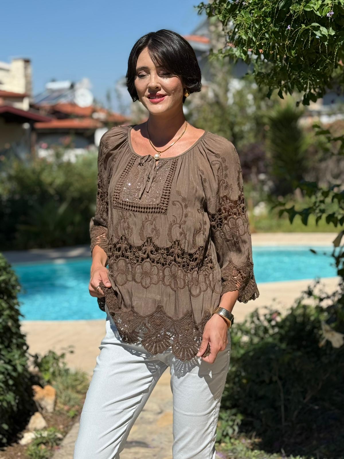 NC20428 İtalyan Klasik İpek Bluz Kahve
