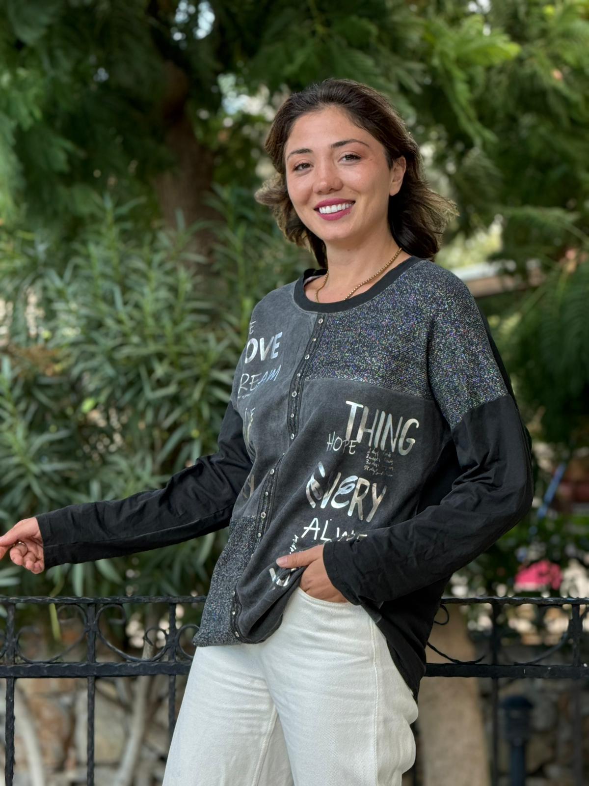 NC53761 İtalyan Yazılı Ve Taşlı Coton Sweatshirt Siyah