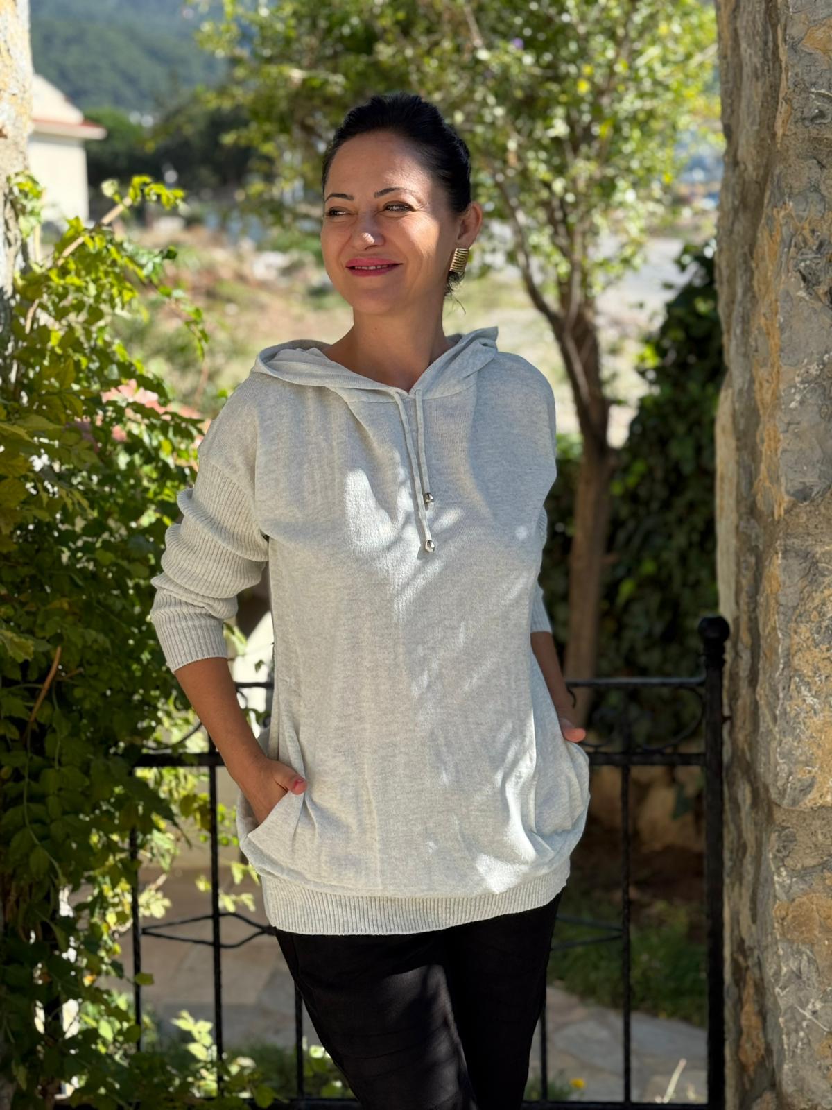 MT3096 Kapüşonlu Cepli Triko Sweatshirt Gri