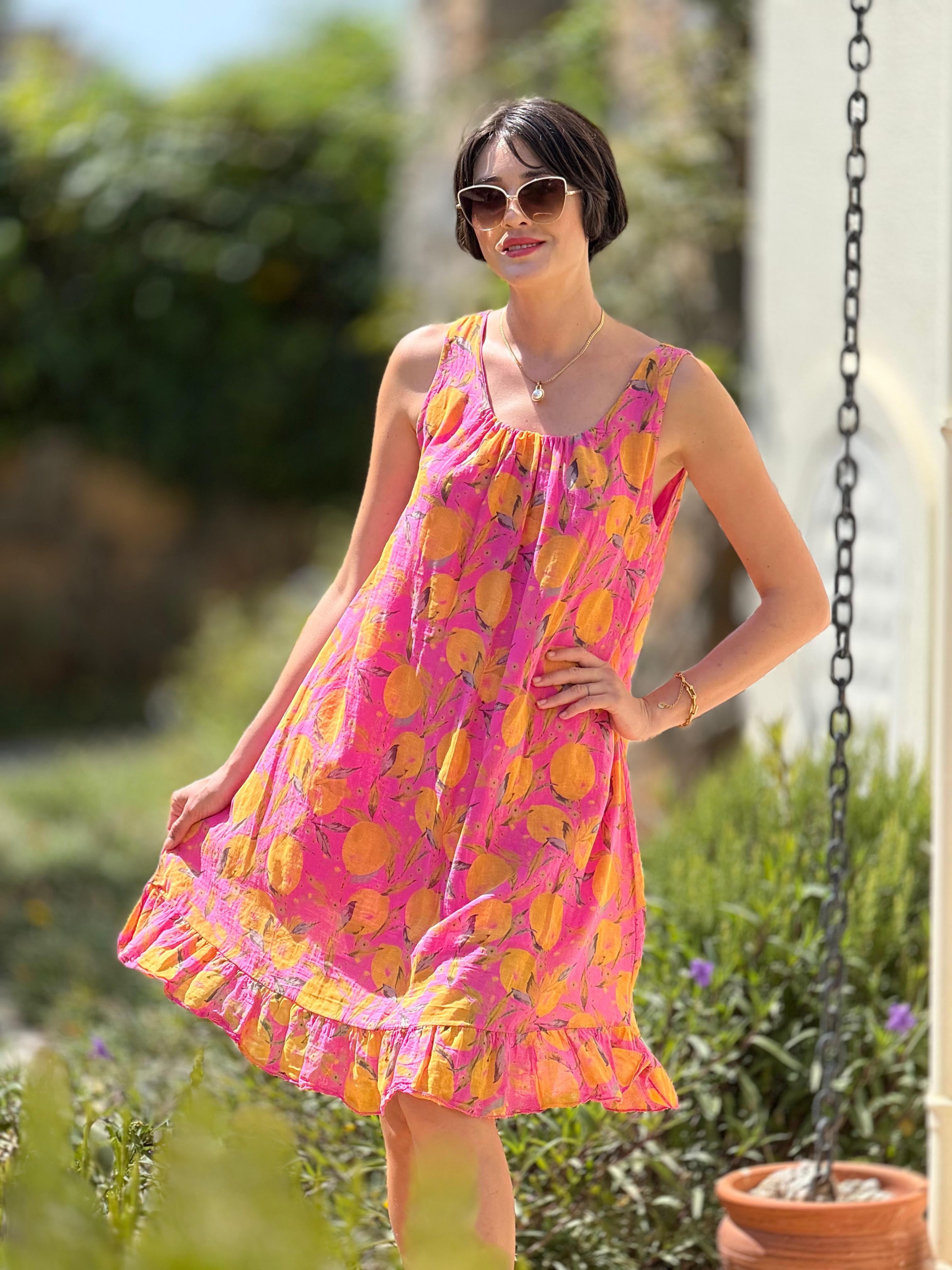 YG205030 İtalyan Coton  Limon Desen Elbise Pembe