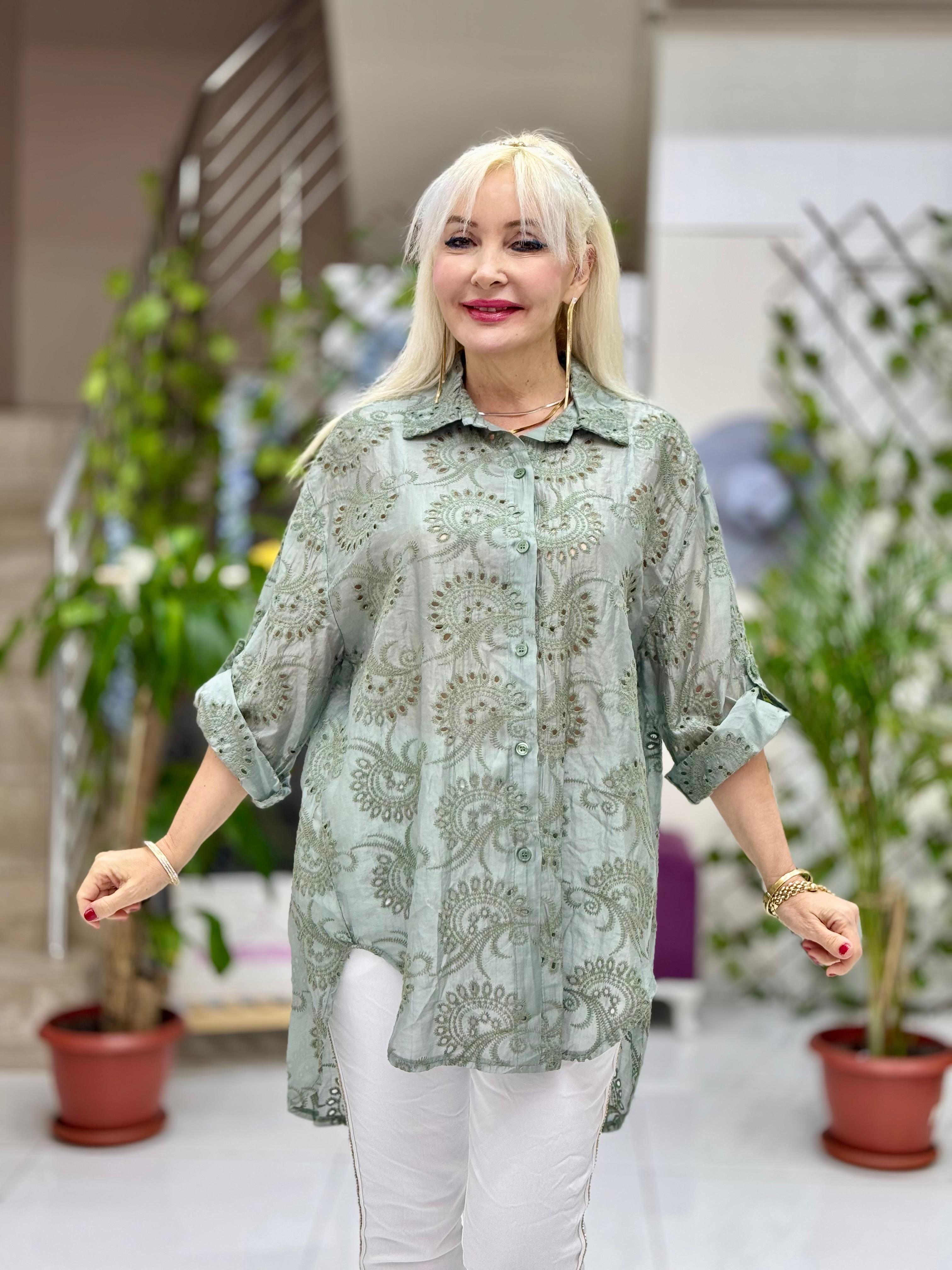 YG2038 İtalyan Brodeli İpek Tunik Haki