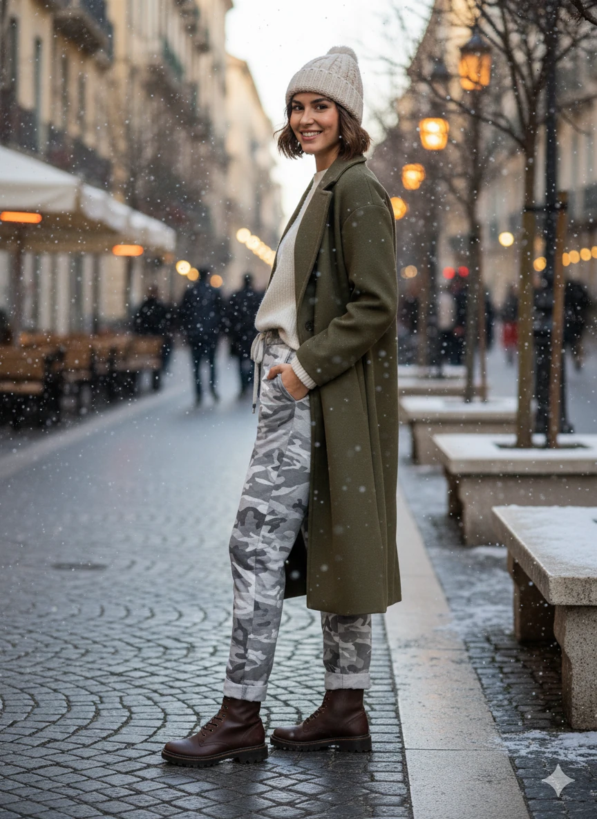 LS7312 Kamuflaj Desenli Likralı İtalyan Coton Pantolon Beyaz