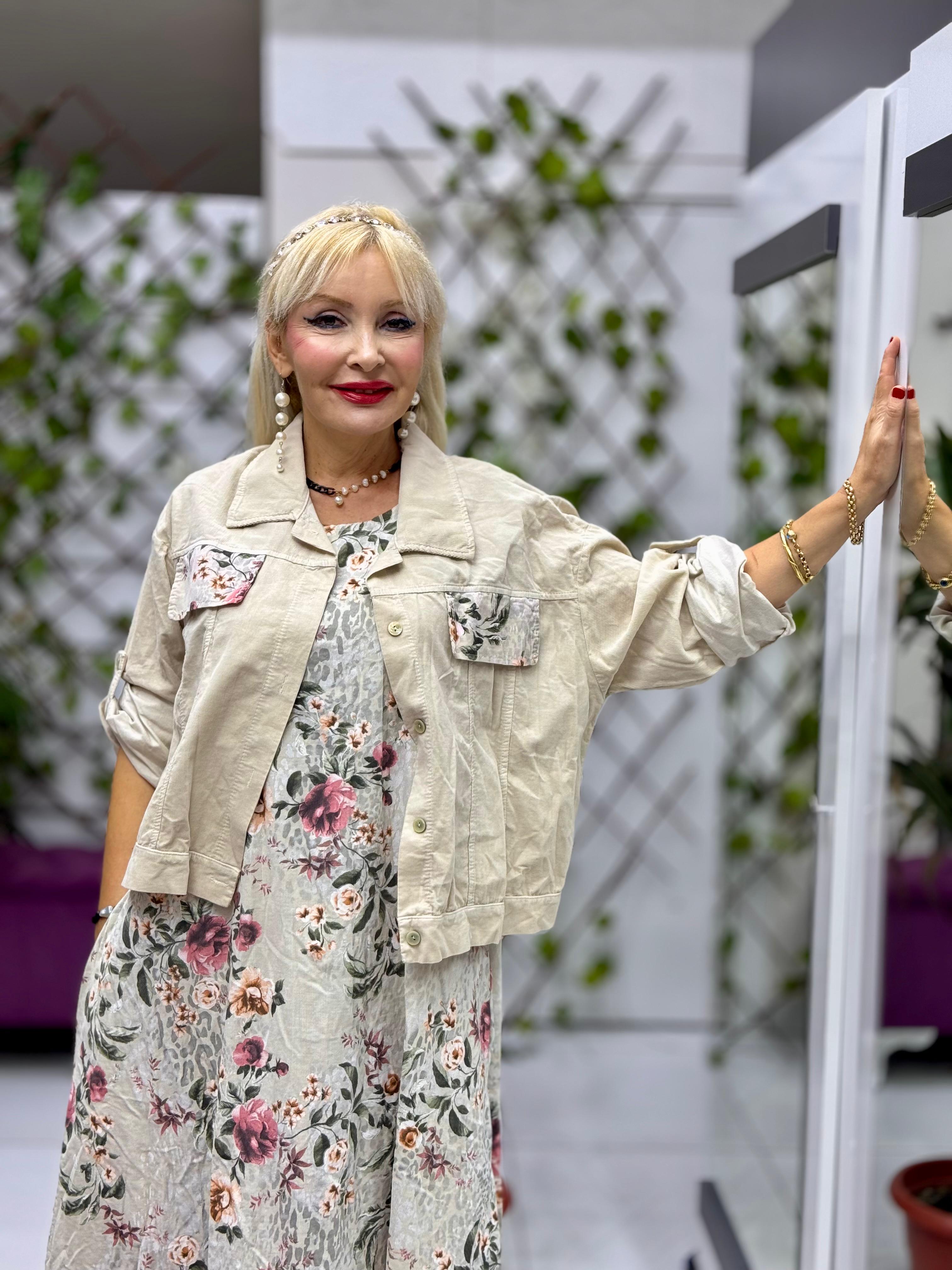 NC25001 İtalyan Kadife Çiçekli Elbise Ceket Takım Krem