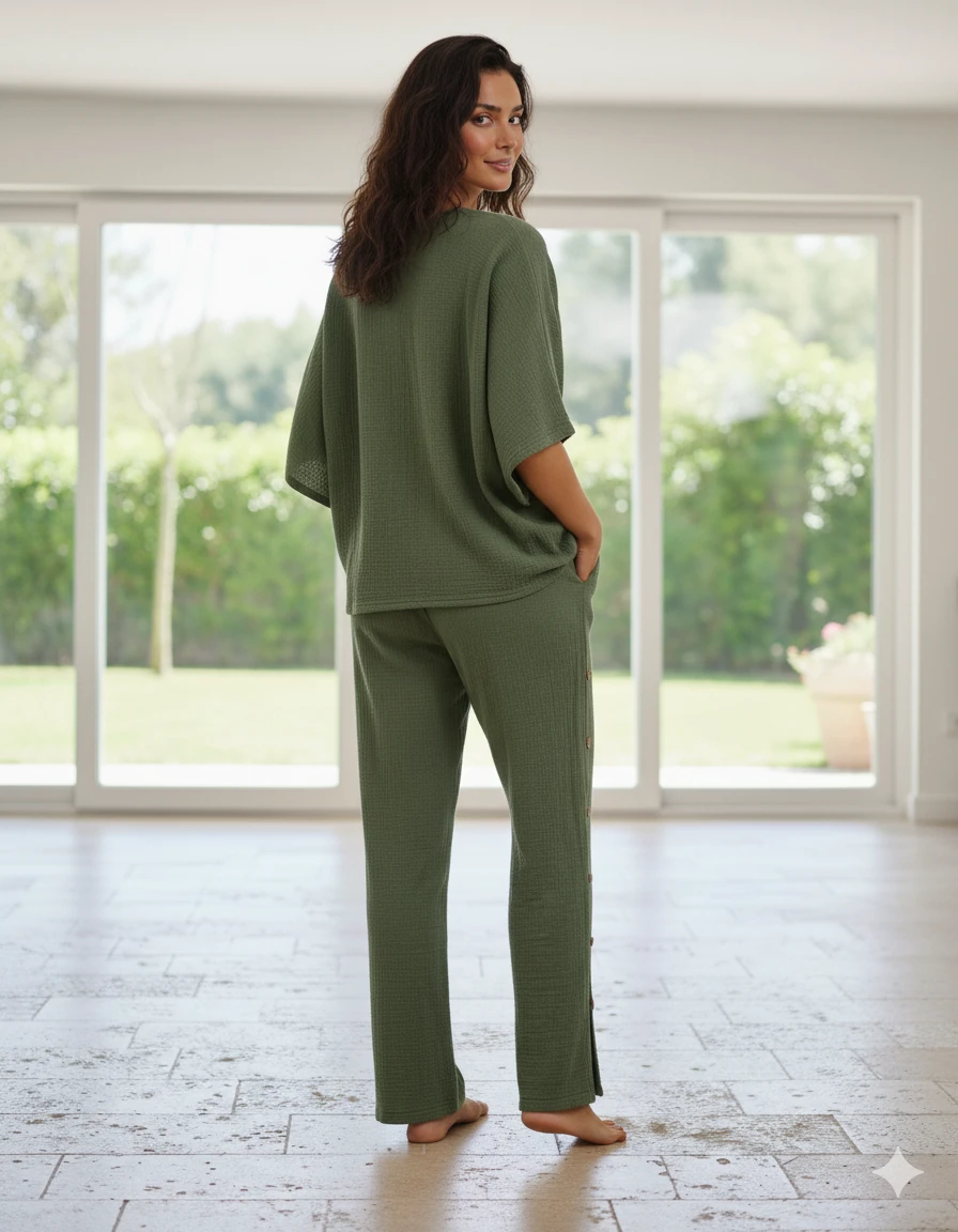 AY23766 Önü Büzgülü Pantolonu Yırtmaçlı Müslin Takım Haki