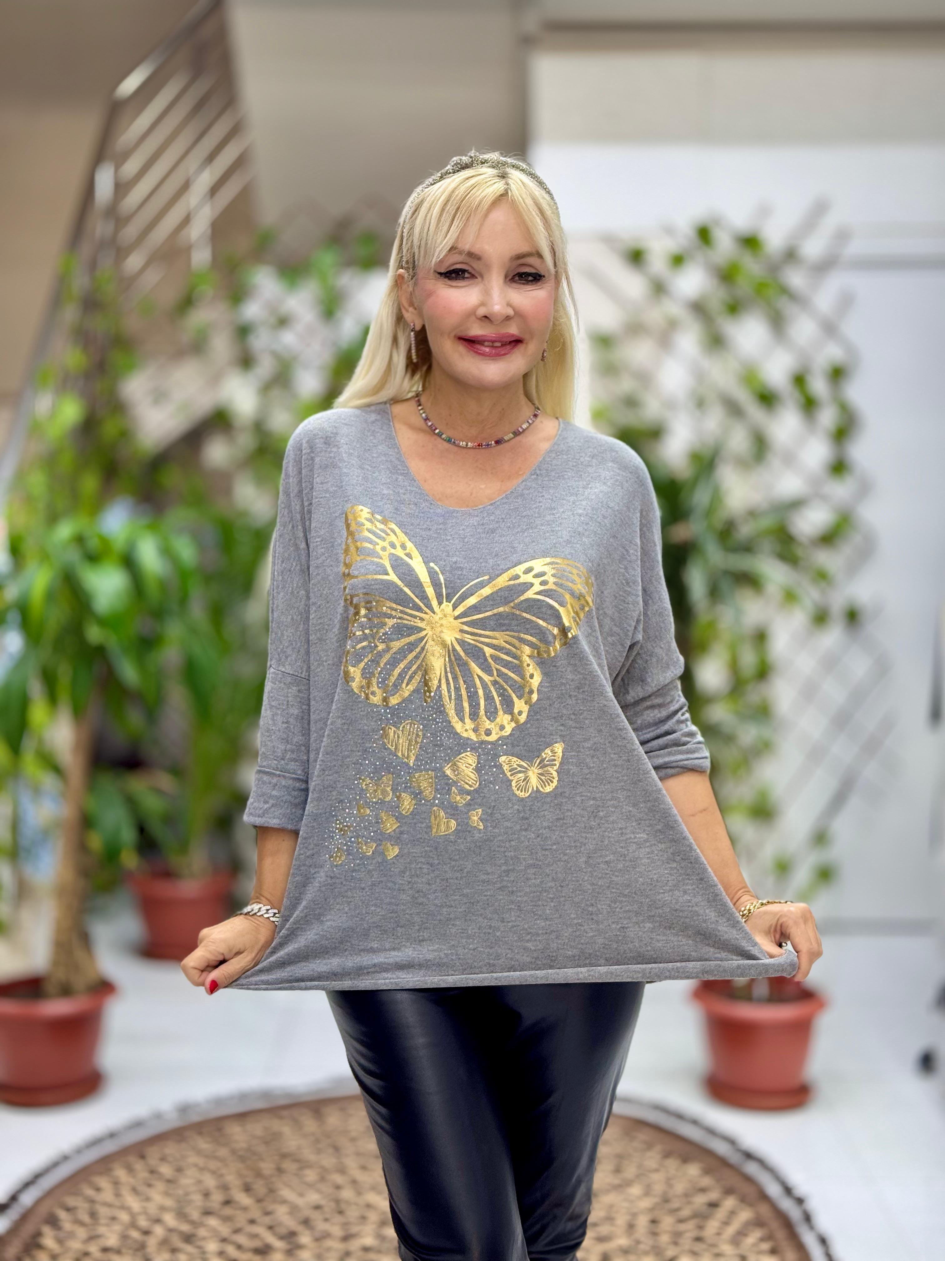 YG59100 İtalyan Taşlı ve Kelebek Baskılı Triko Bluz Gri