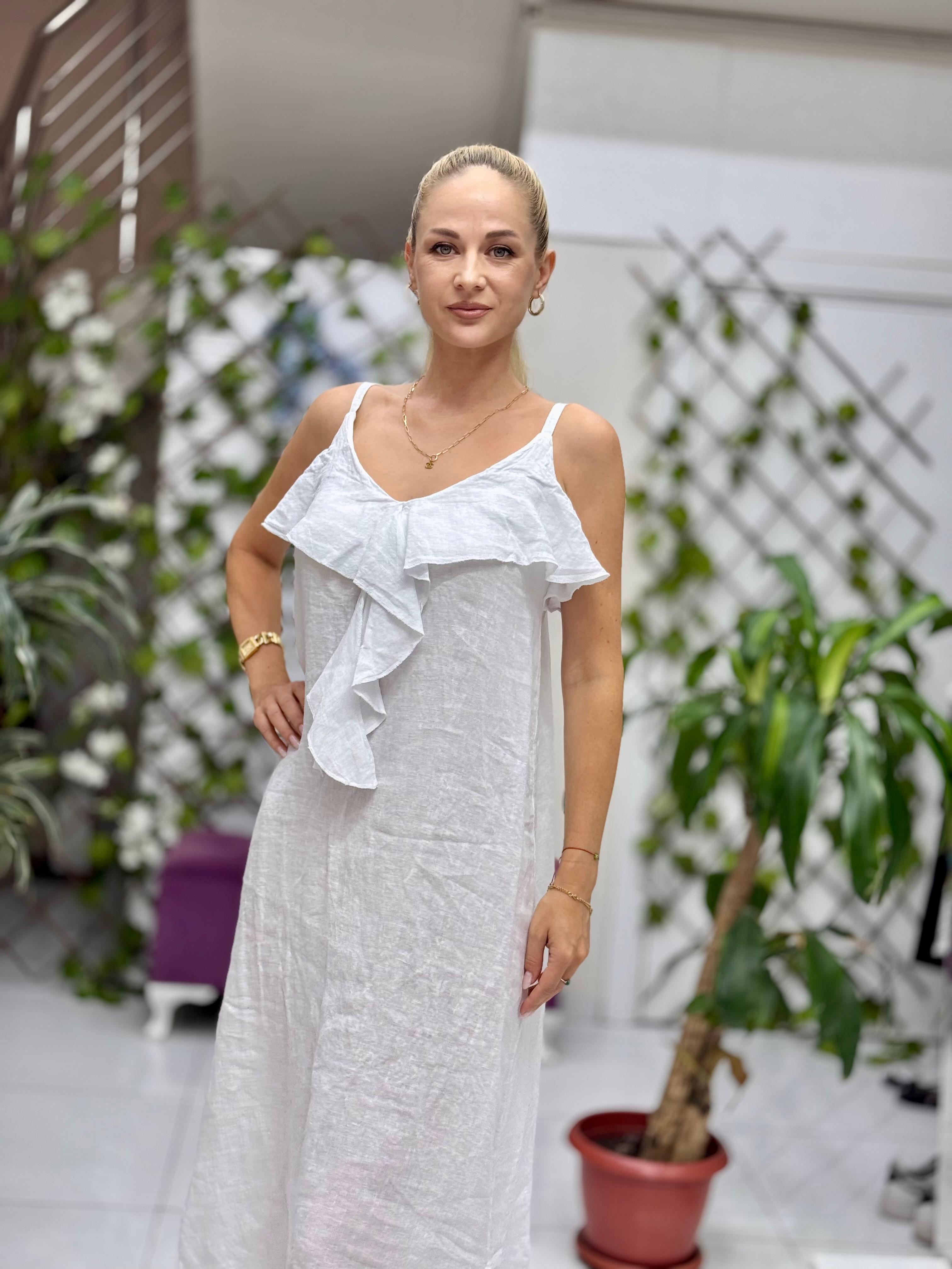 NC2132 İp Askılı Keten Önü Fırfırlı İtalyan Elbise Beyaz