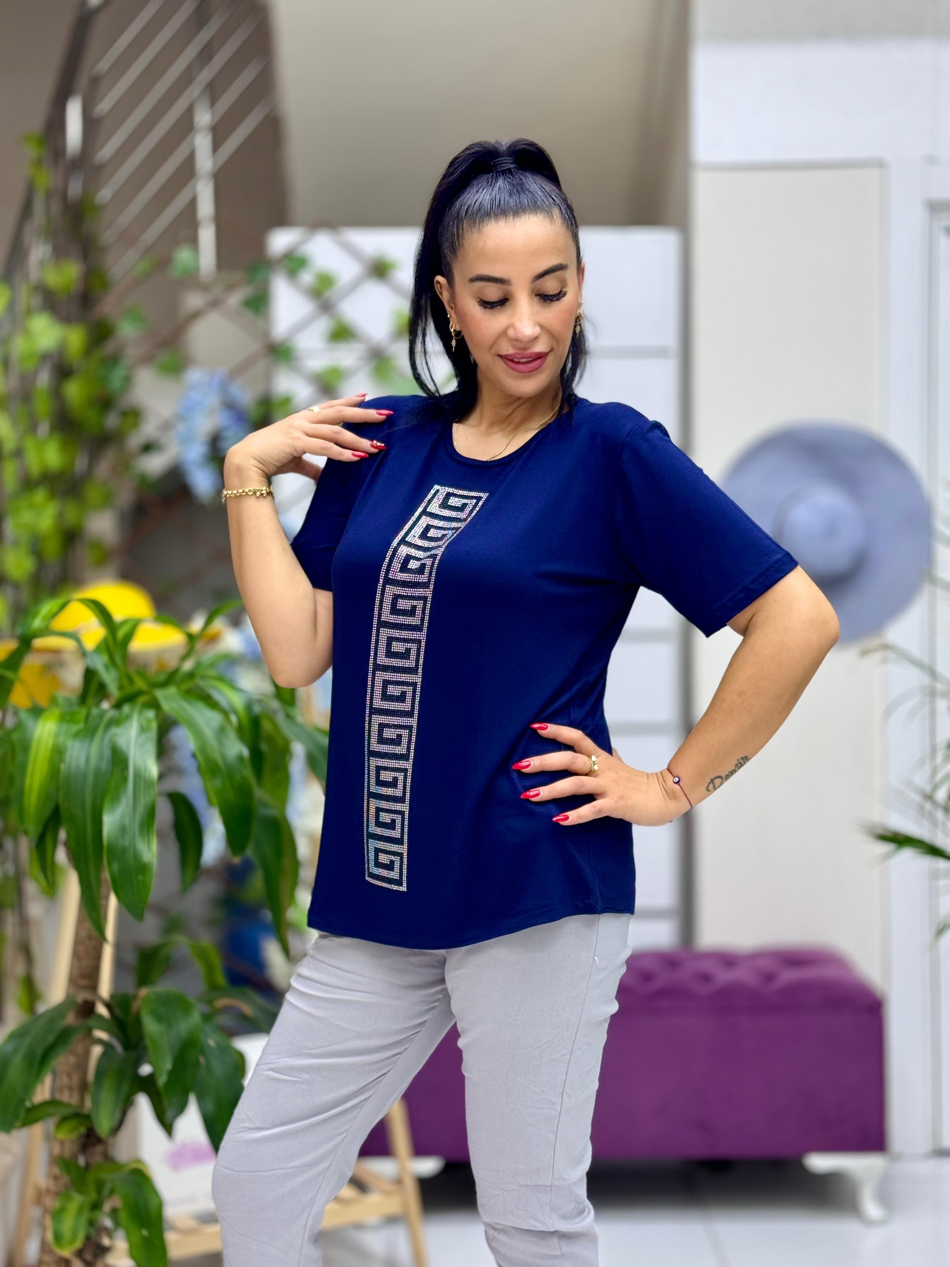 MS4222 Şerit Desenli  Penye Bluz Lacivert