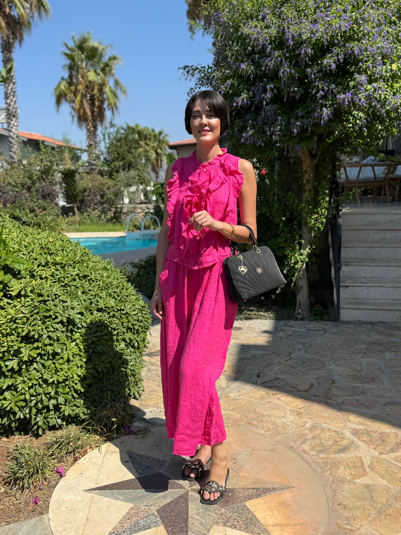 NC14092 Fırfırlı Kolsuz İtalyan Keten Takım Pembe