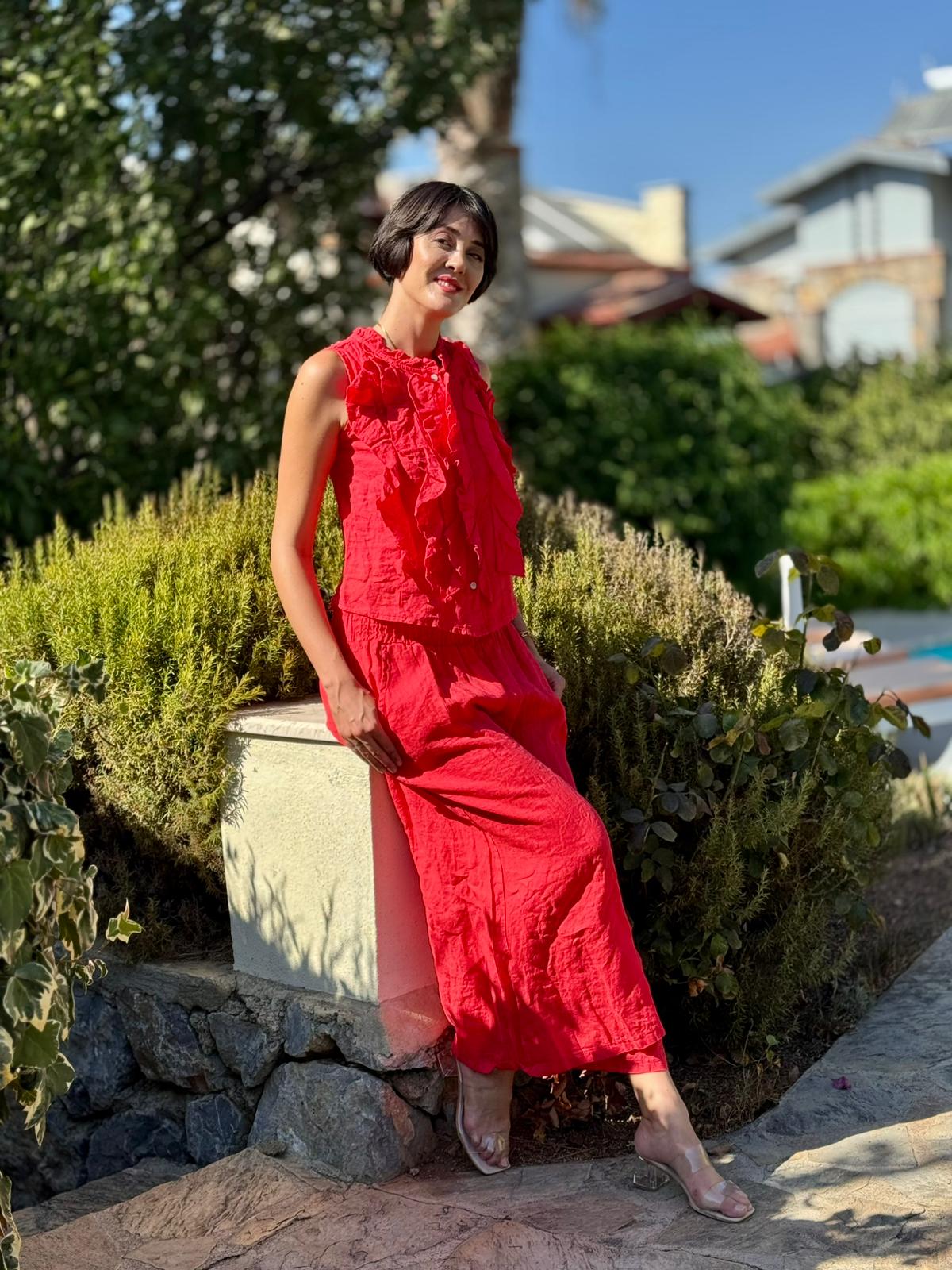 NC14092 Fırfırlı Kolsuz İtalyan Keten Takım Mercan