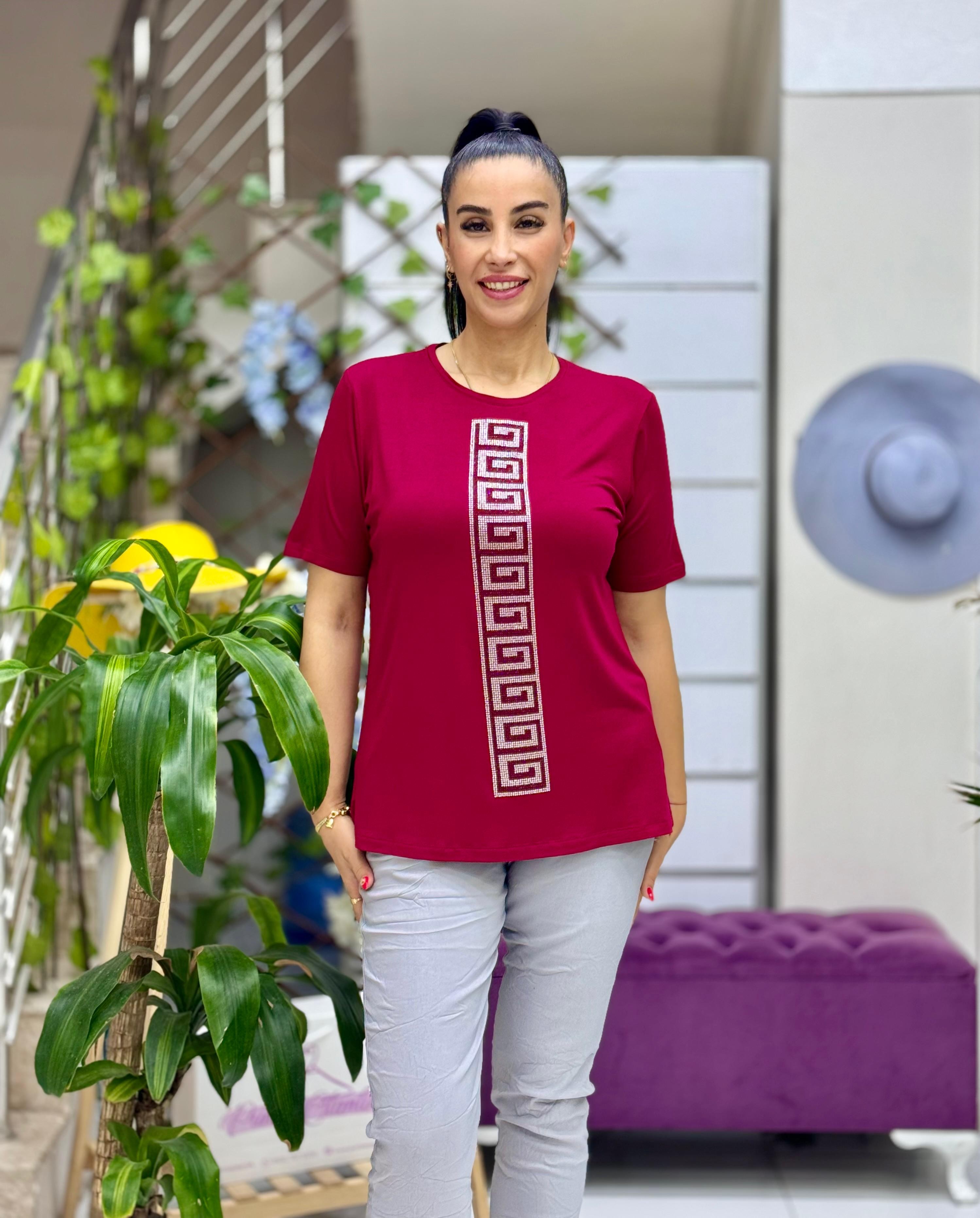 MS4222 Şerit Desenli  Penye Bluz Bordo