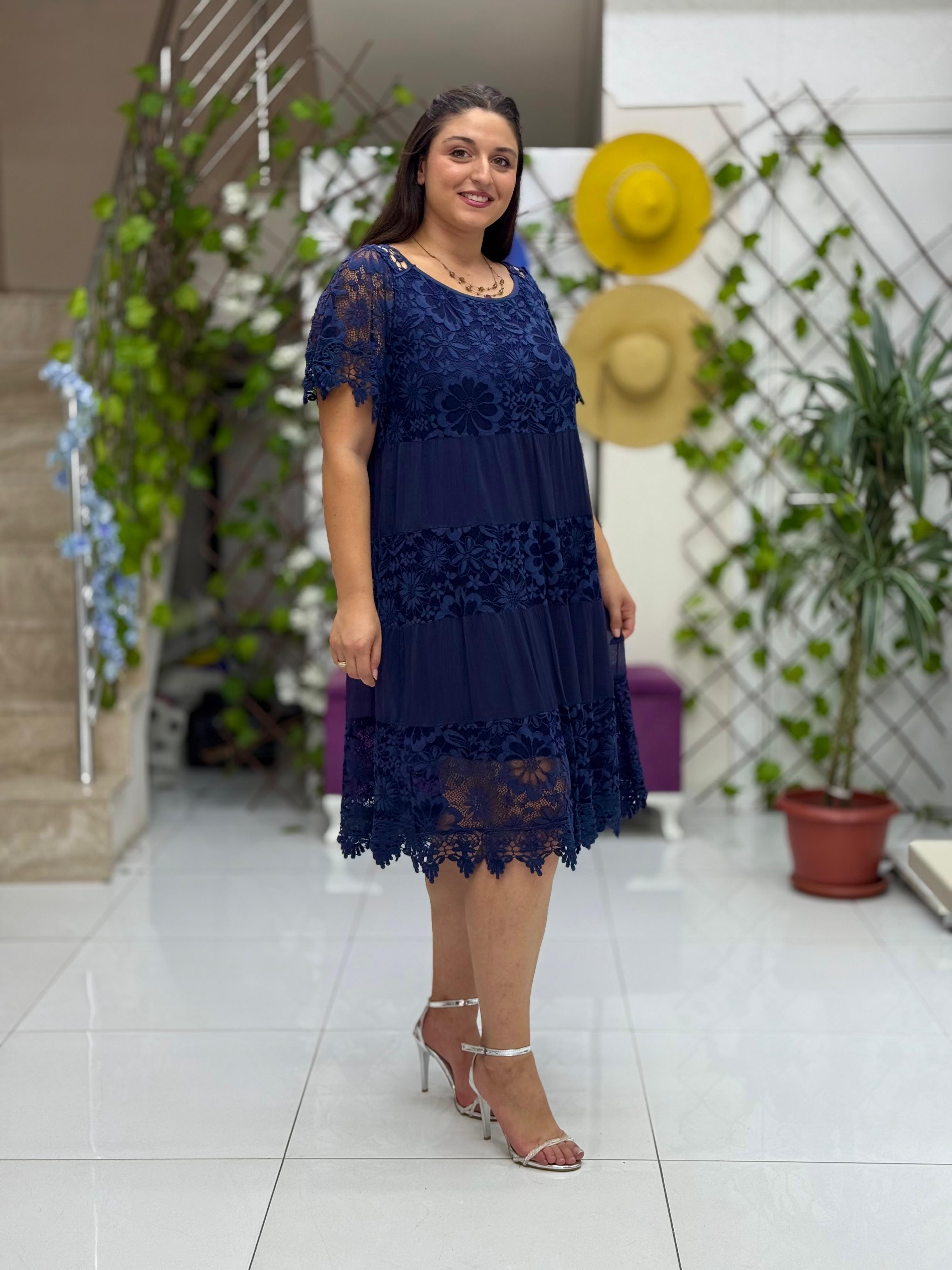 N10337 İtalyan İpek Elbise Lacivert