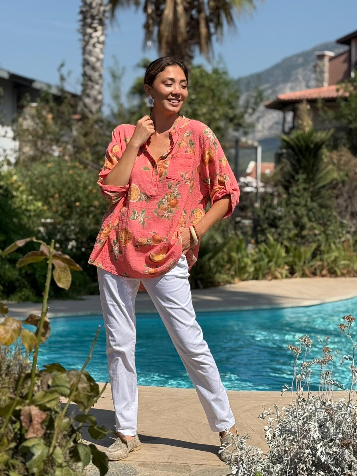 NC154553 İtalyan Pamuk Keten Bluz Mercan