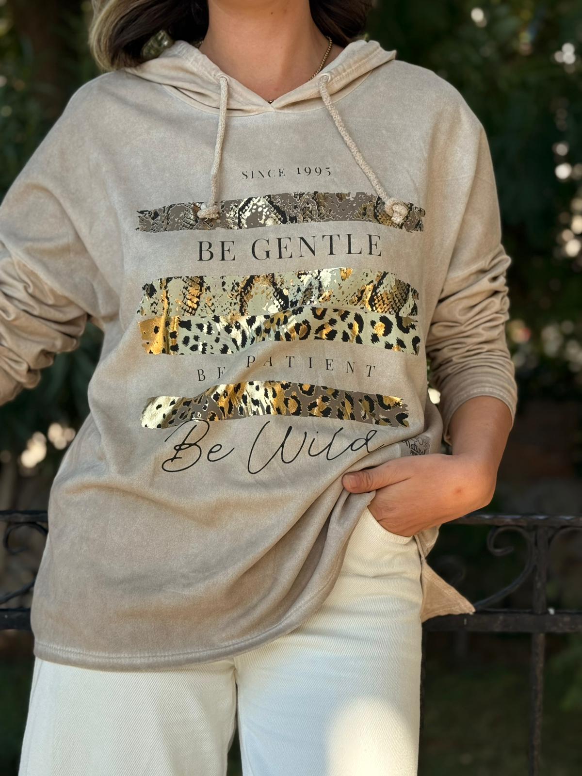 NC56152 İtalyan Leopar Baskılı Kapüşonlu Sweatshirt Krem