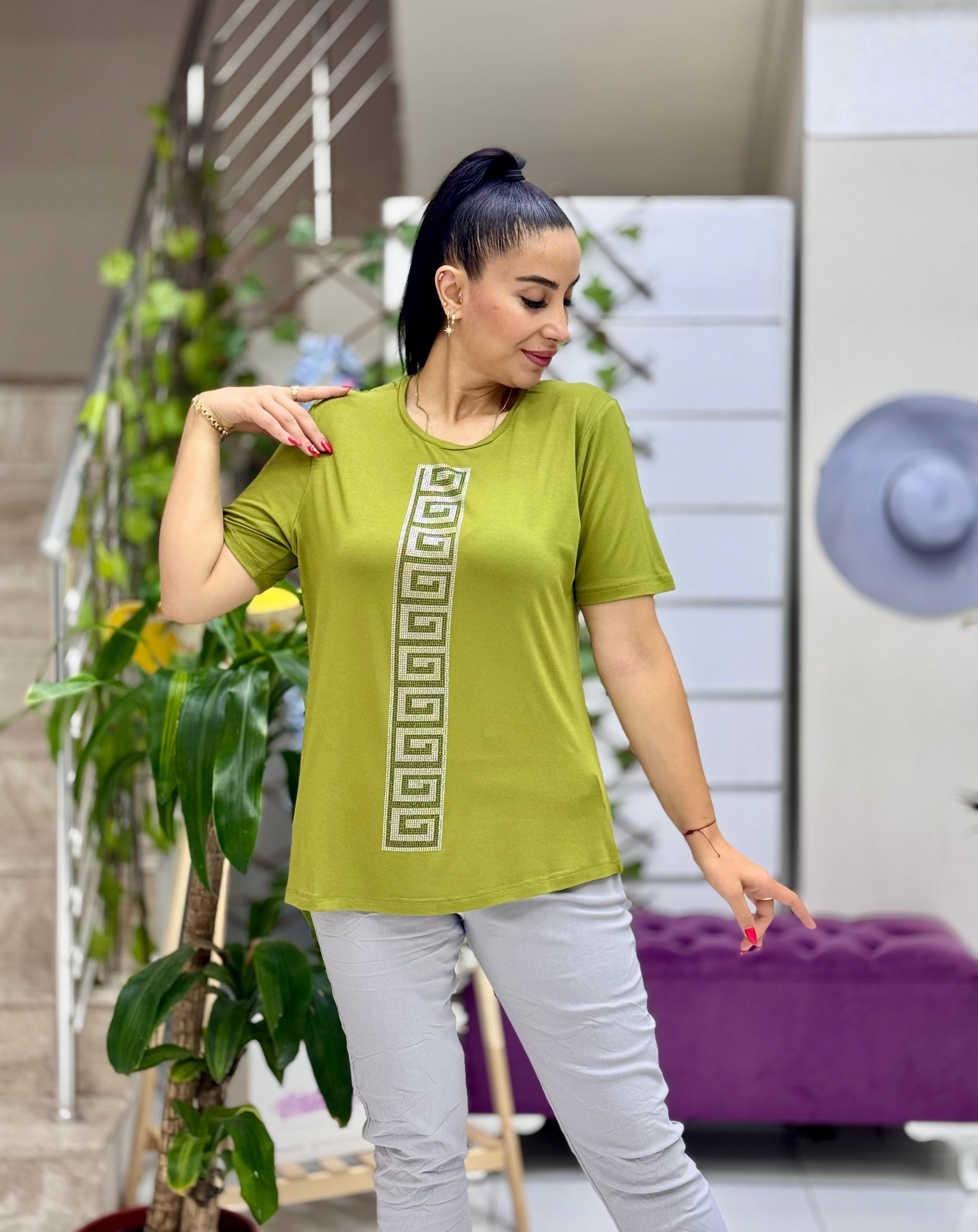 MS4222 Şerit Desenli  Penye Bluz Yeşil