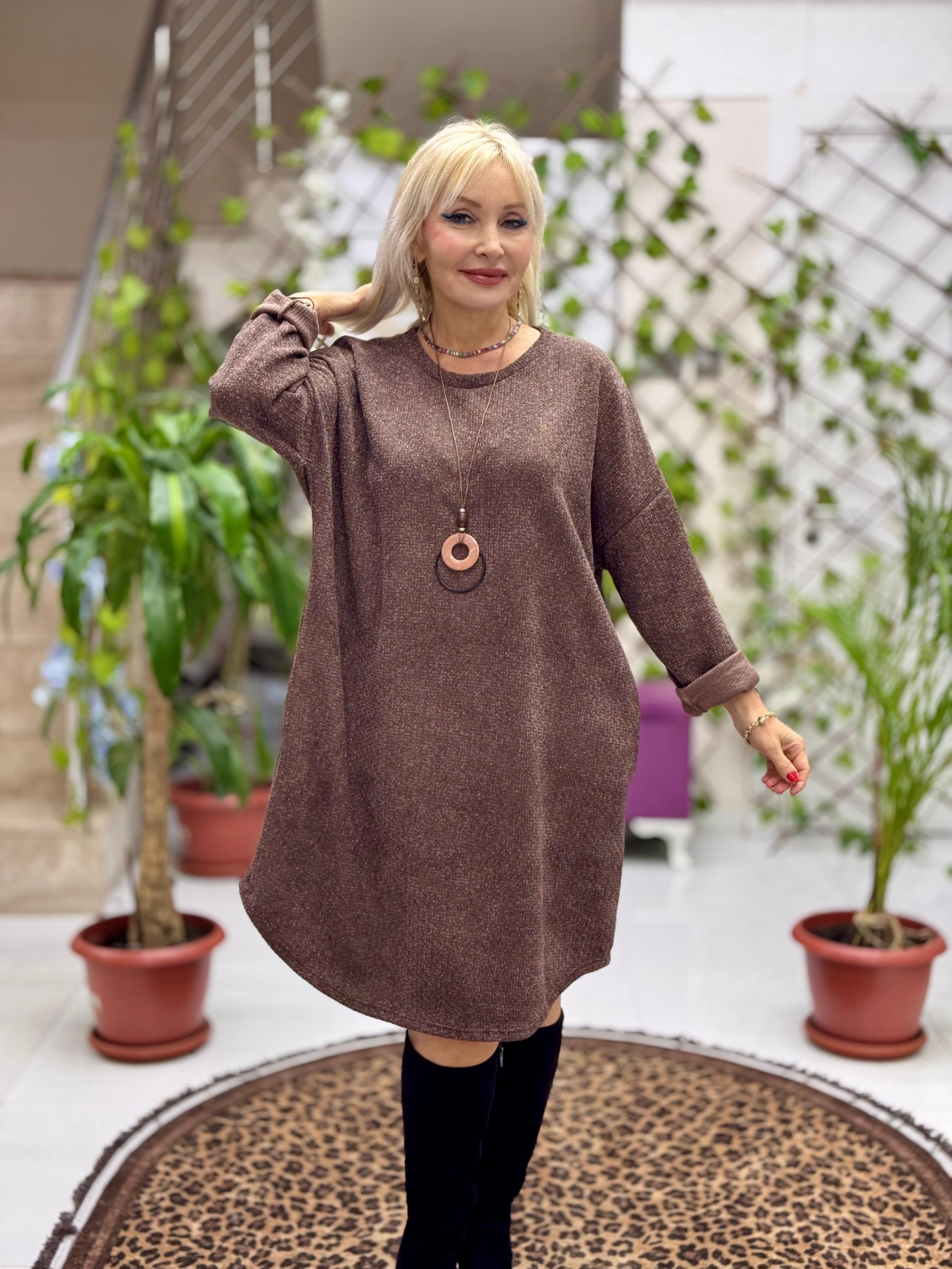 NC25158 Simit Yaka Kolyeli Simli İtalyan Kadife Elbise Kahve