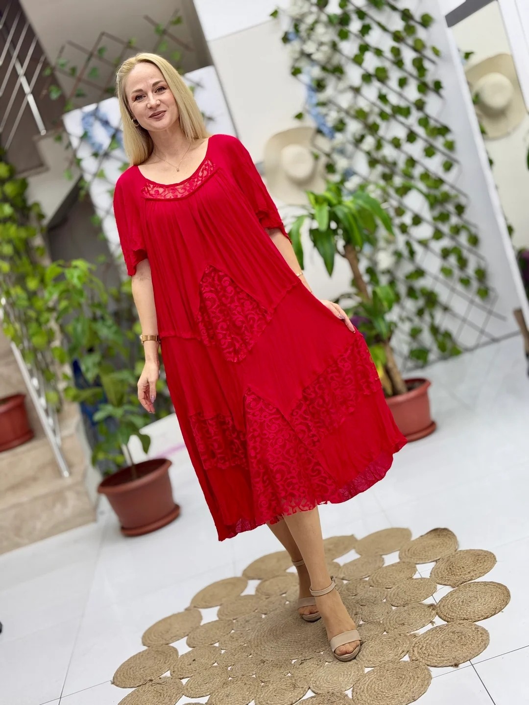 VL11055 Pencereli Vual Elbise Kırmızı