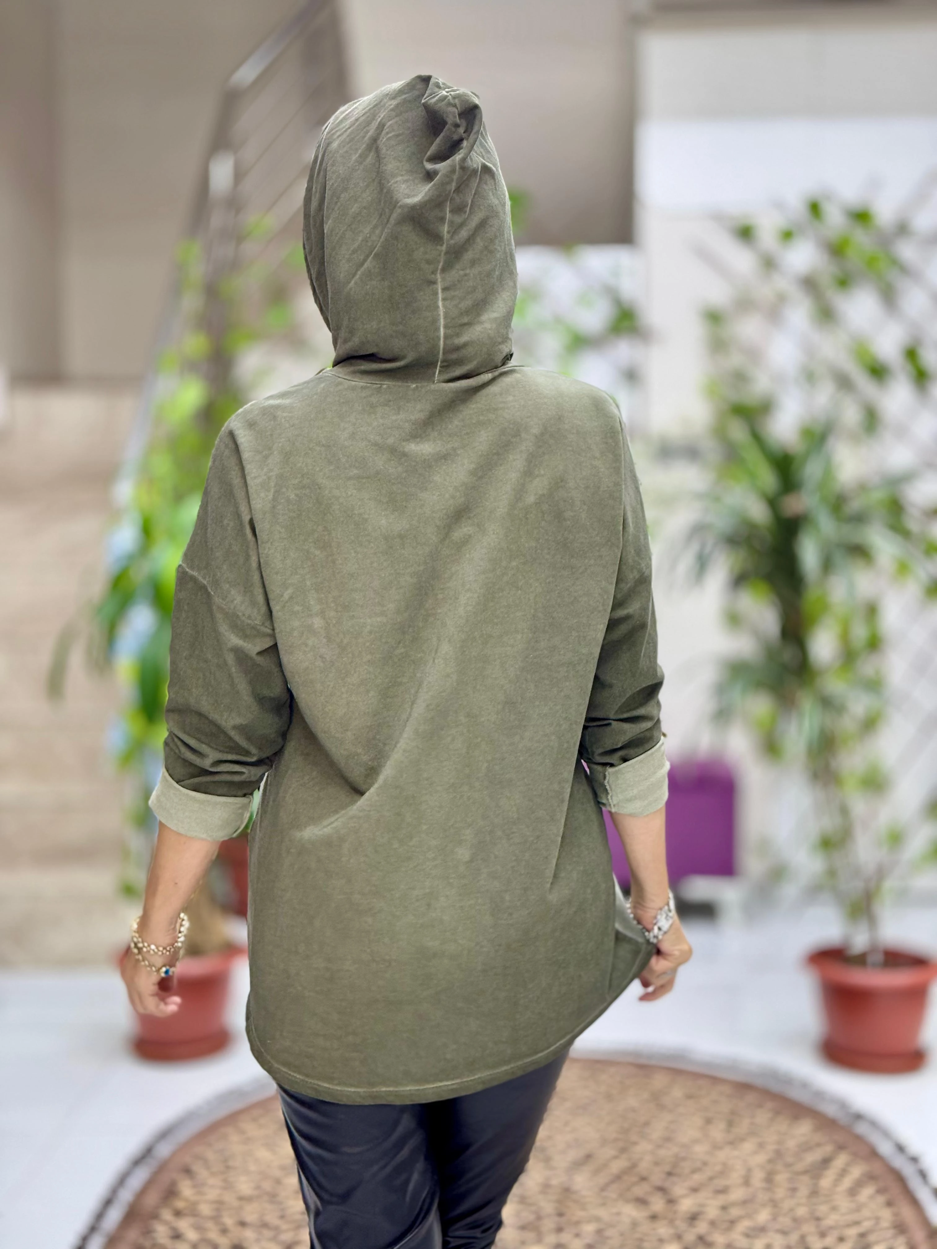 NC56868 İtalyan Enjoy Yazılı Kapüşonlu Coton Sweatshirt Haki