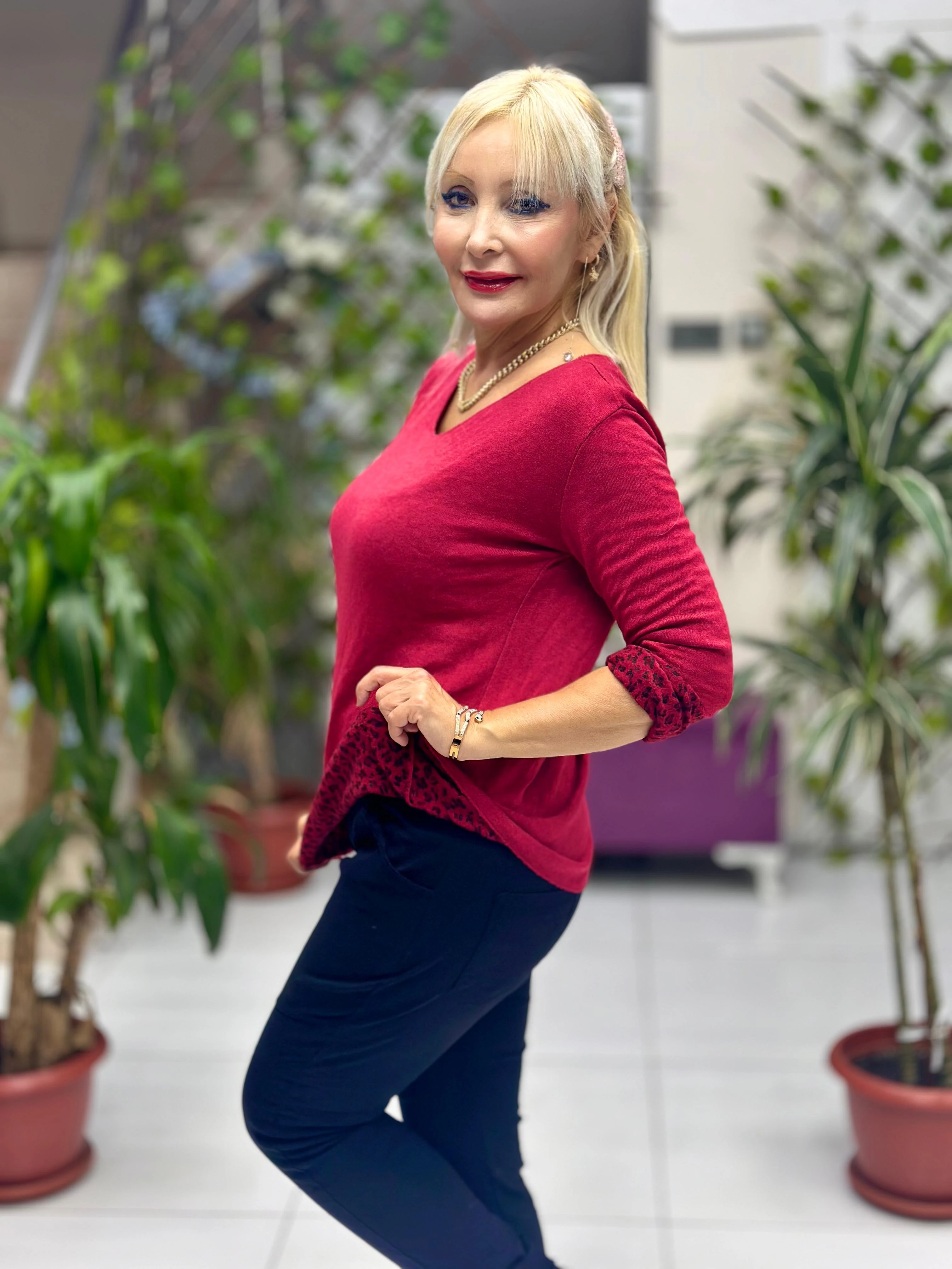 NC1202 İçi Leoparlı Yuvarlak Yaka Triko Küçük Kalıp Bluz Bordo