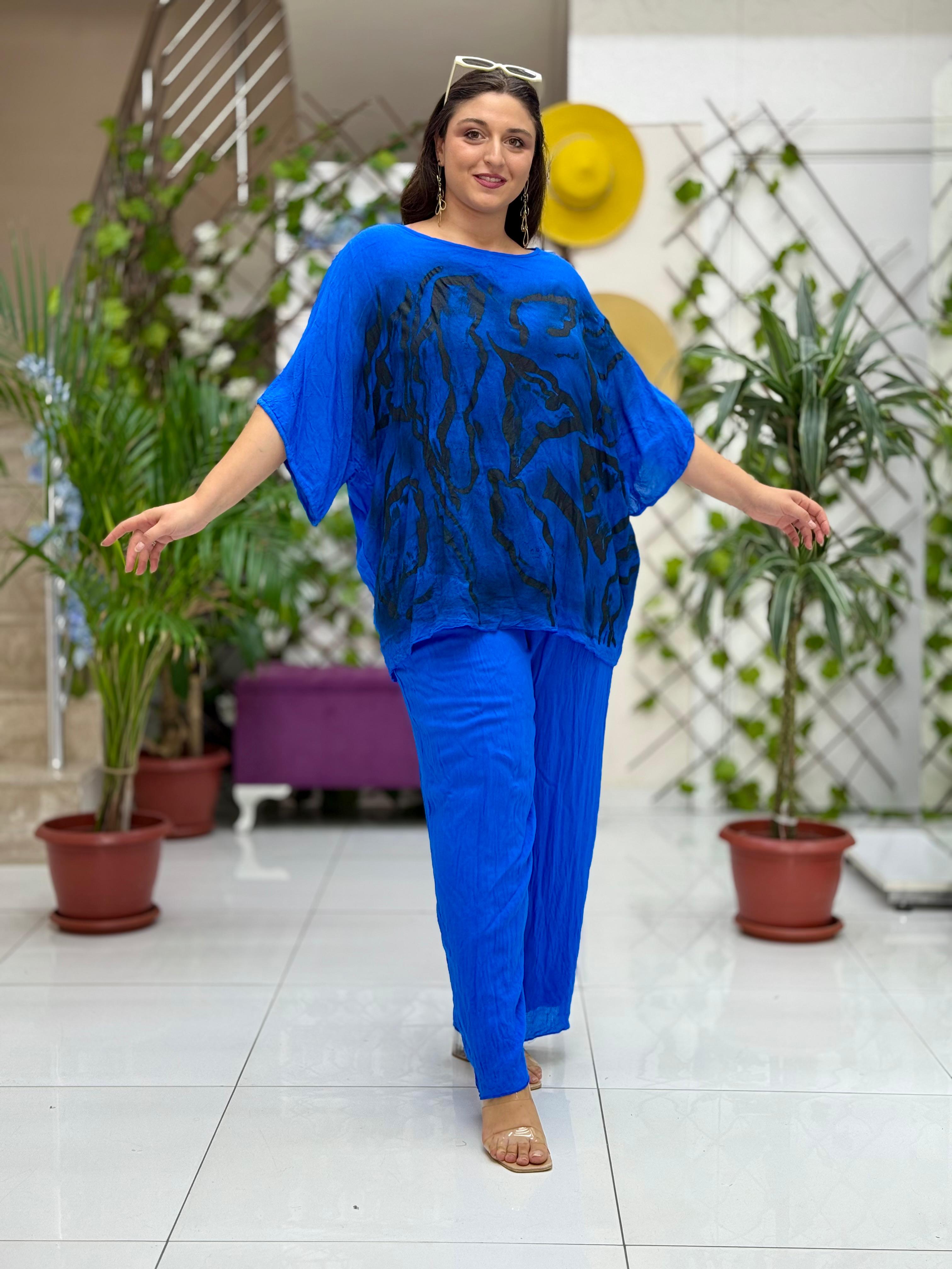 VL3009 Yarasa Kol Baskılı Vual Bluz Saks