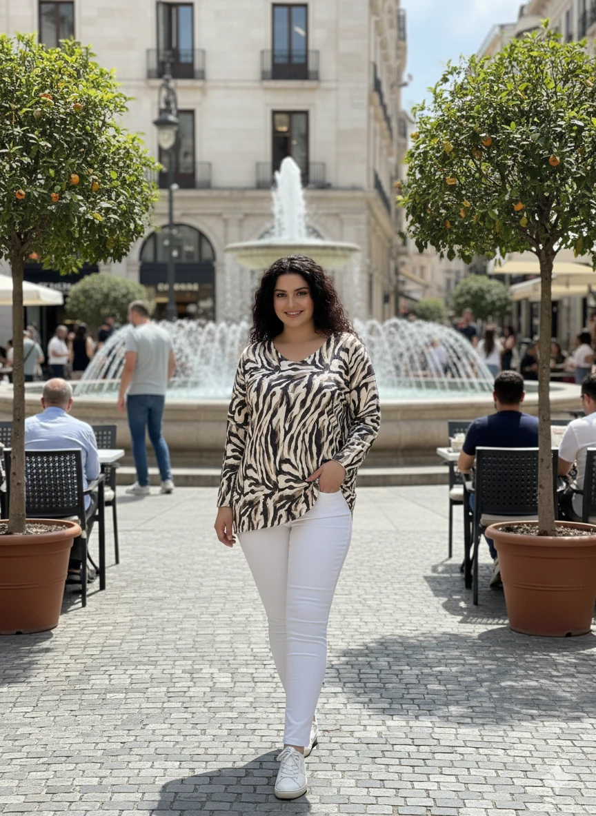 NC22884 Zebra Desenli Triko Bluz Krem