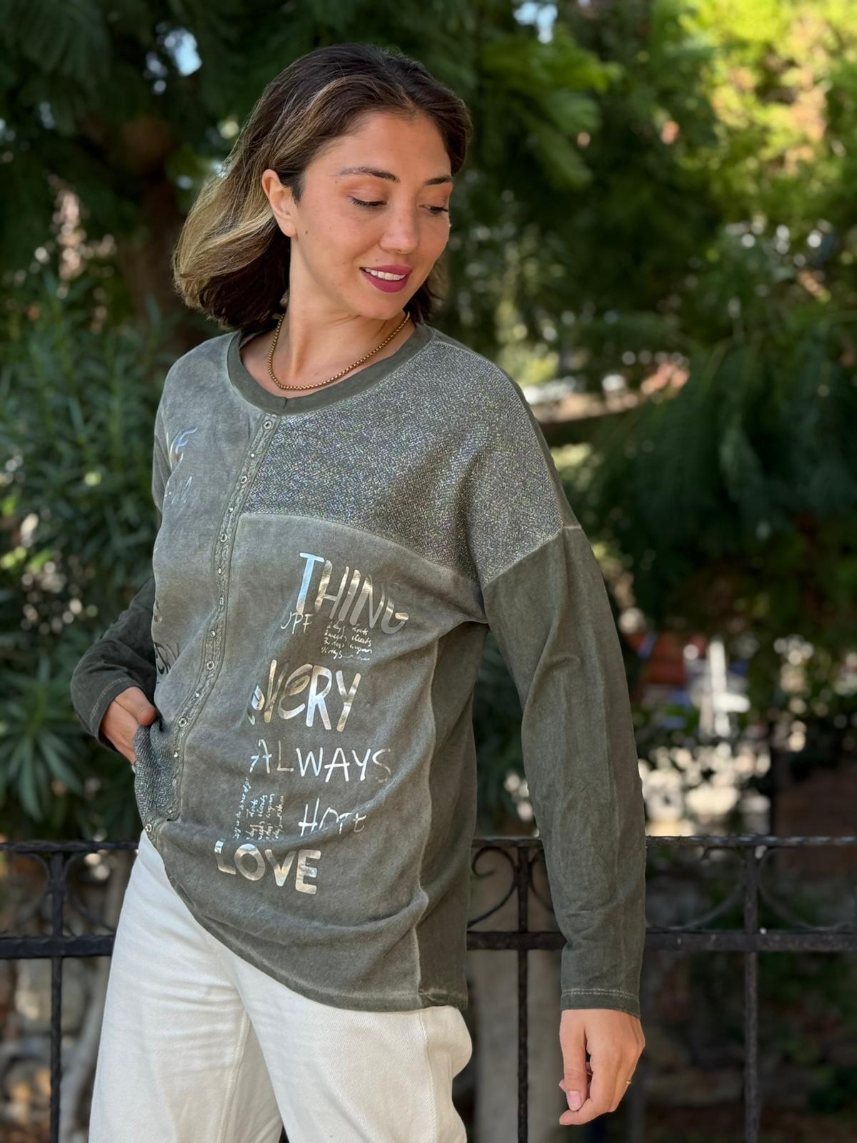 NC53761 İtalyan Yazılı Ve Taşlı Coton Sweatshirt Haki