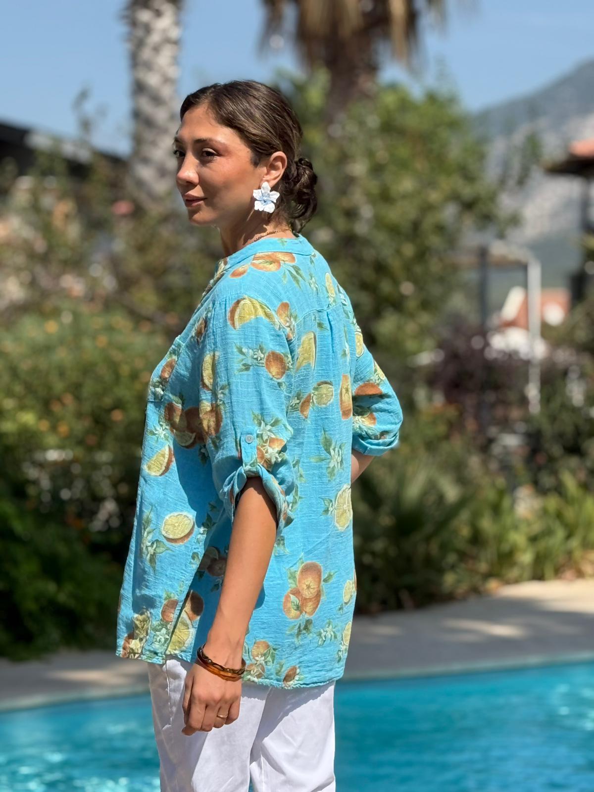 NC154553 İtalyan Pamuk Keten Bluz Turkuaz