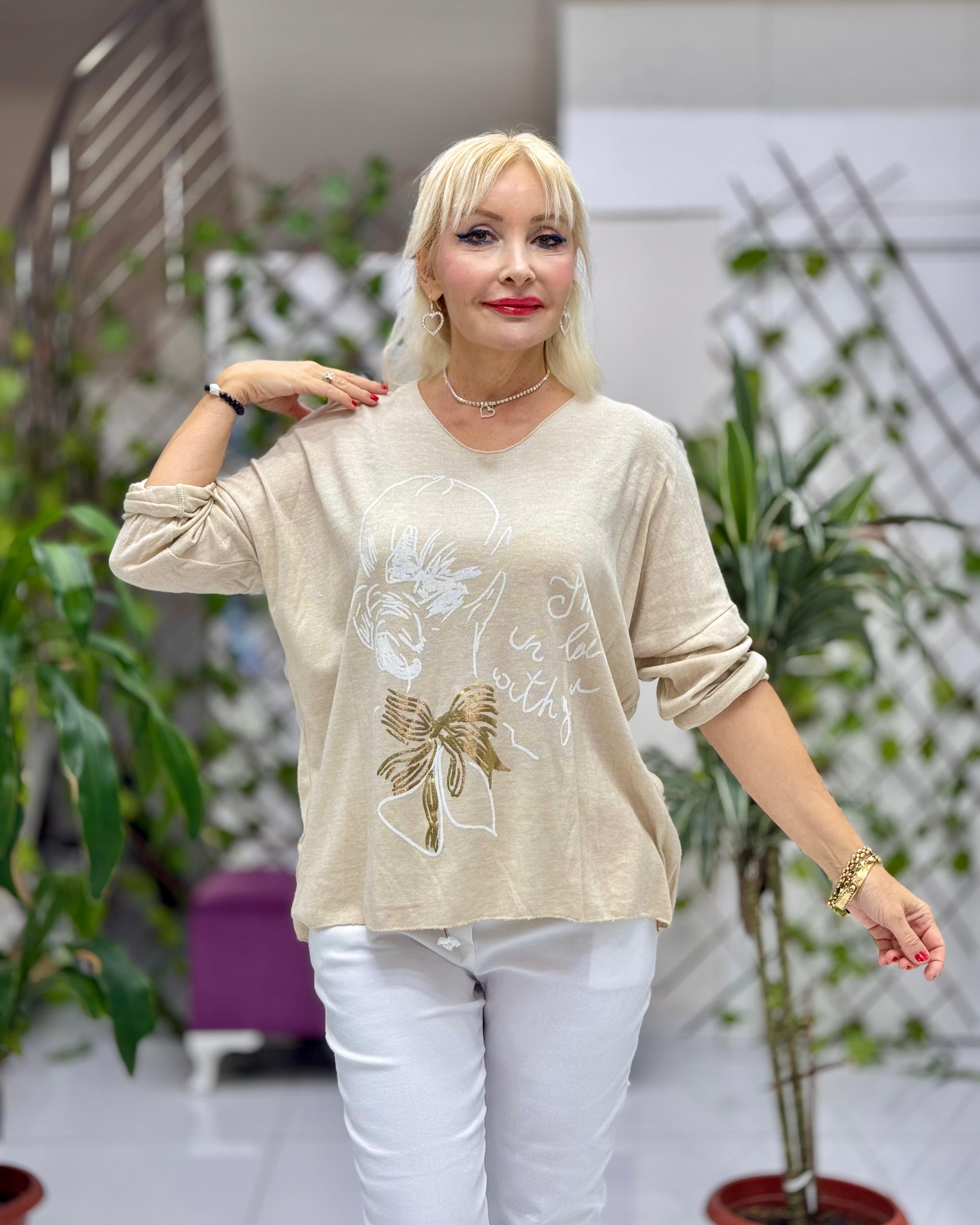 YG5810 Baskılı İtalyan Triko Bluz Krem