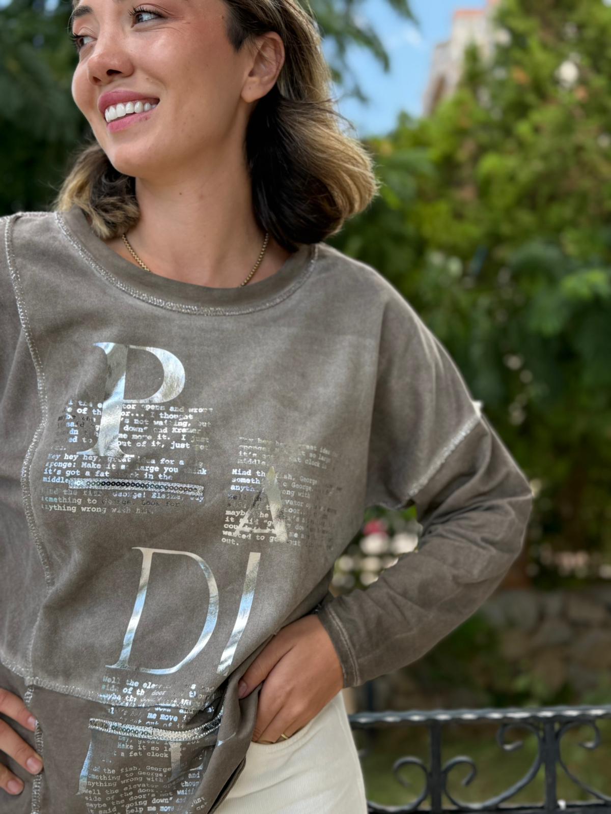 NC8533 İtalyan PADİ Yazılı Coton Sweatshirt Vizon