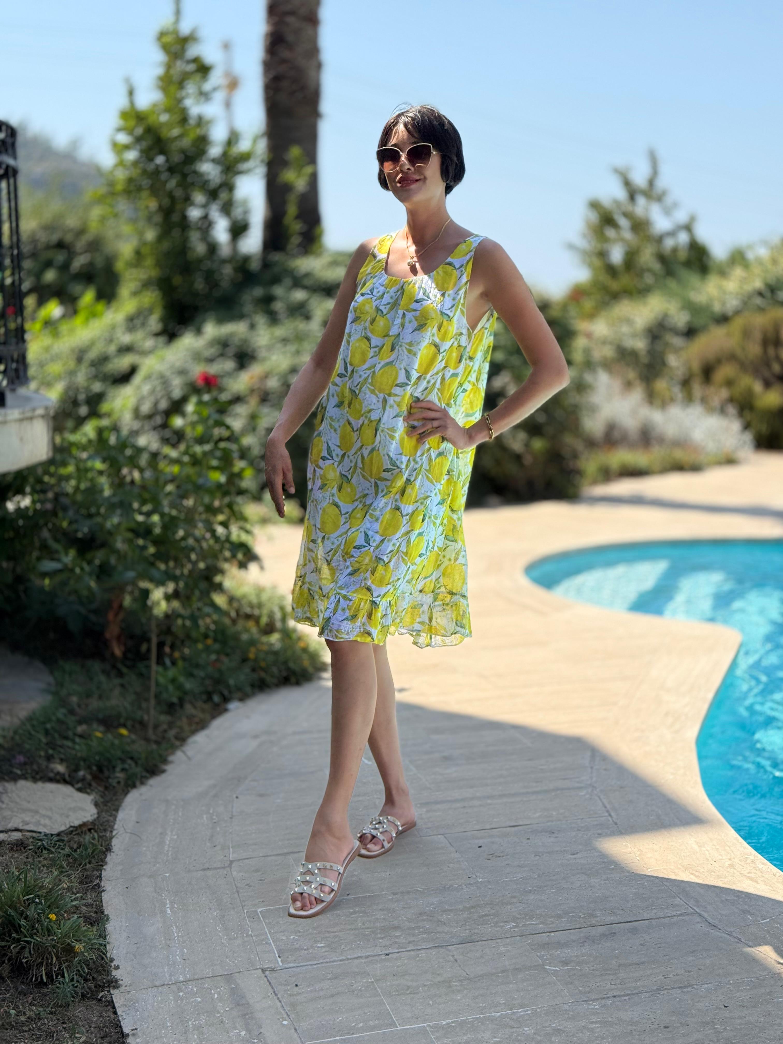 YG205030 İtalyan Coton  Limon Desen Elbise Beyaz