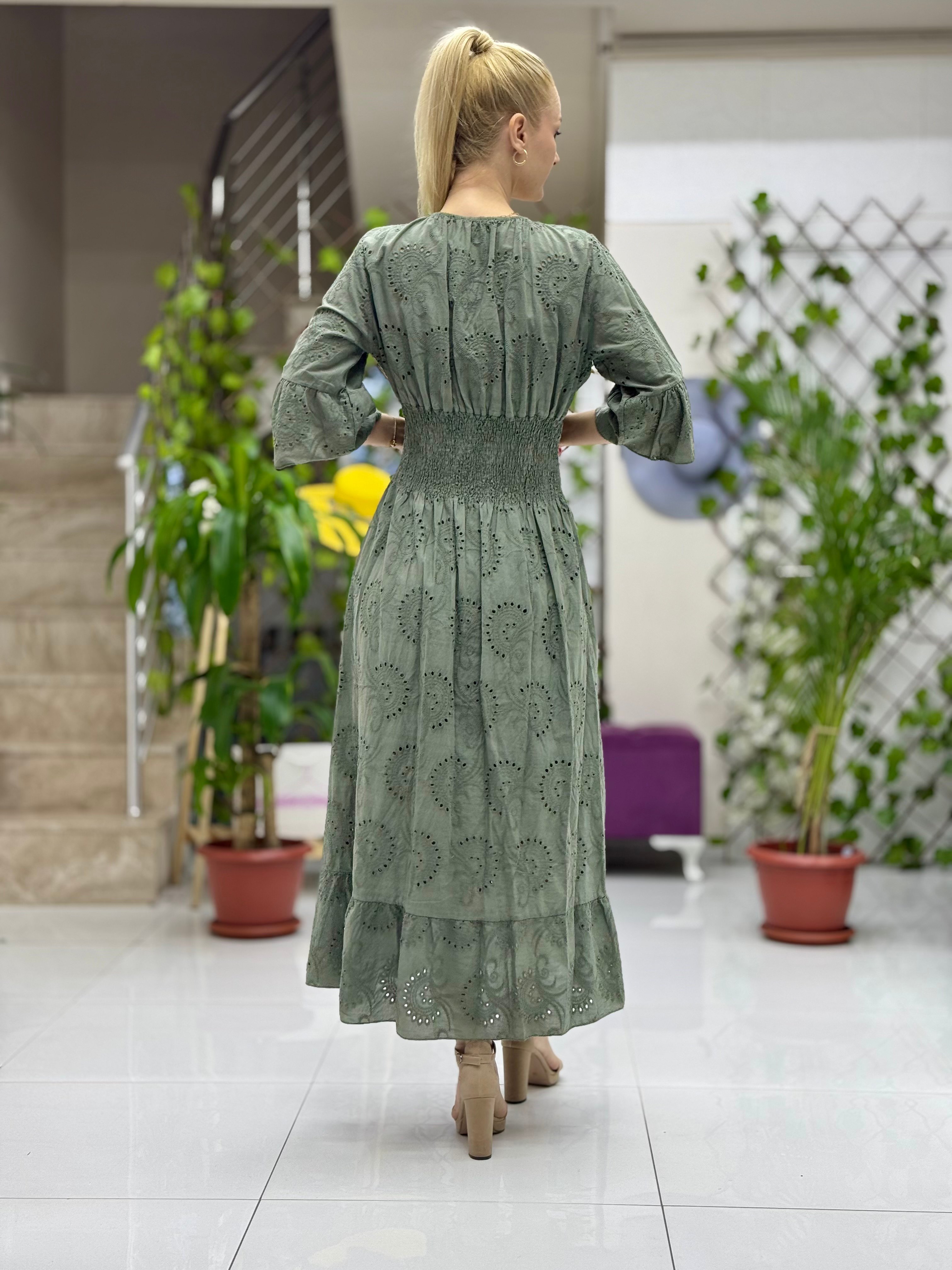 YG2050 İtalyan Brodeli Beli Lastikli Elbise Haki