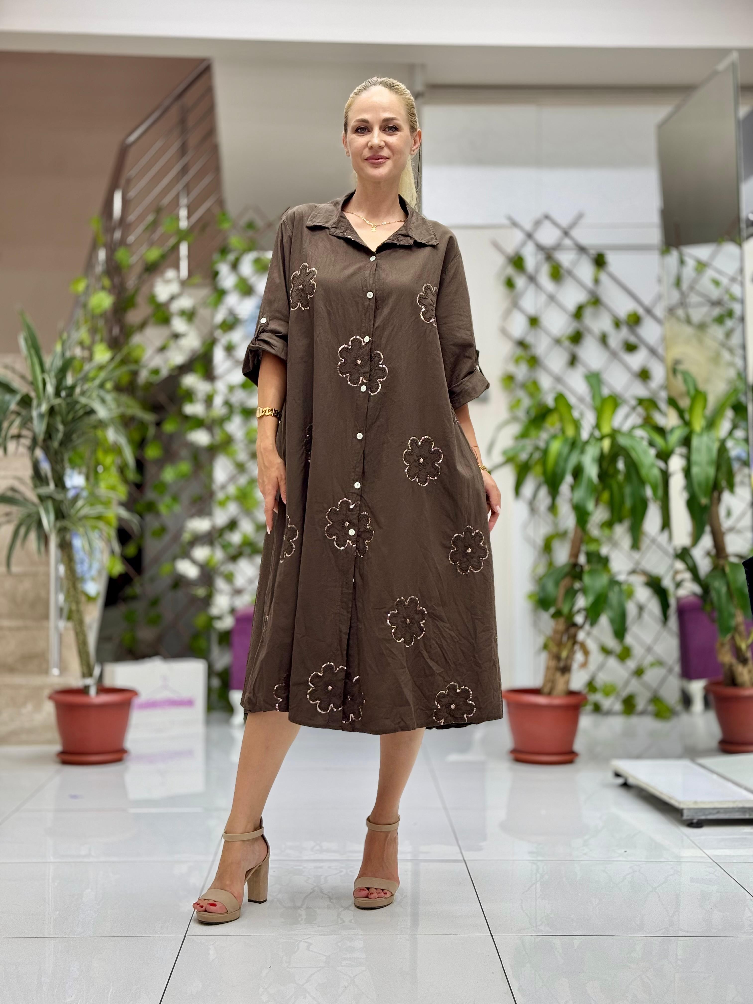PT91720 Pul Payetli Coton İtalyan Gömlek Elbise Kahve